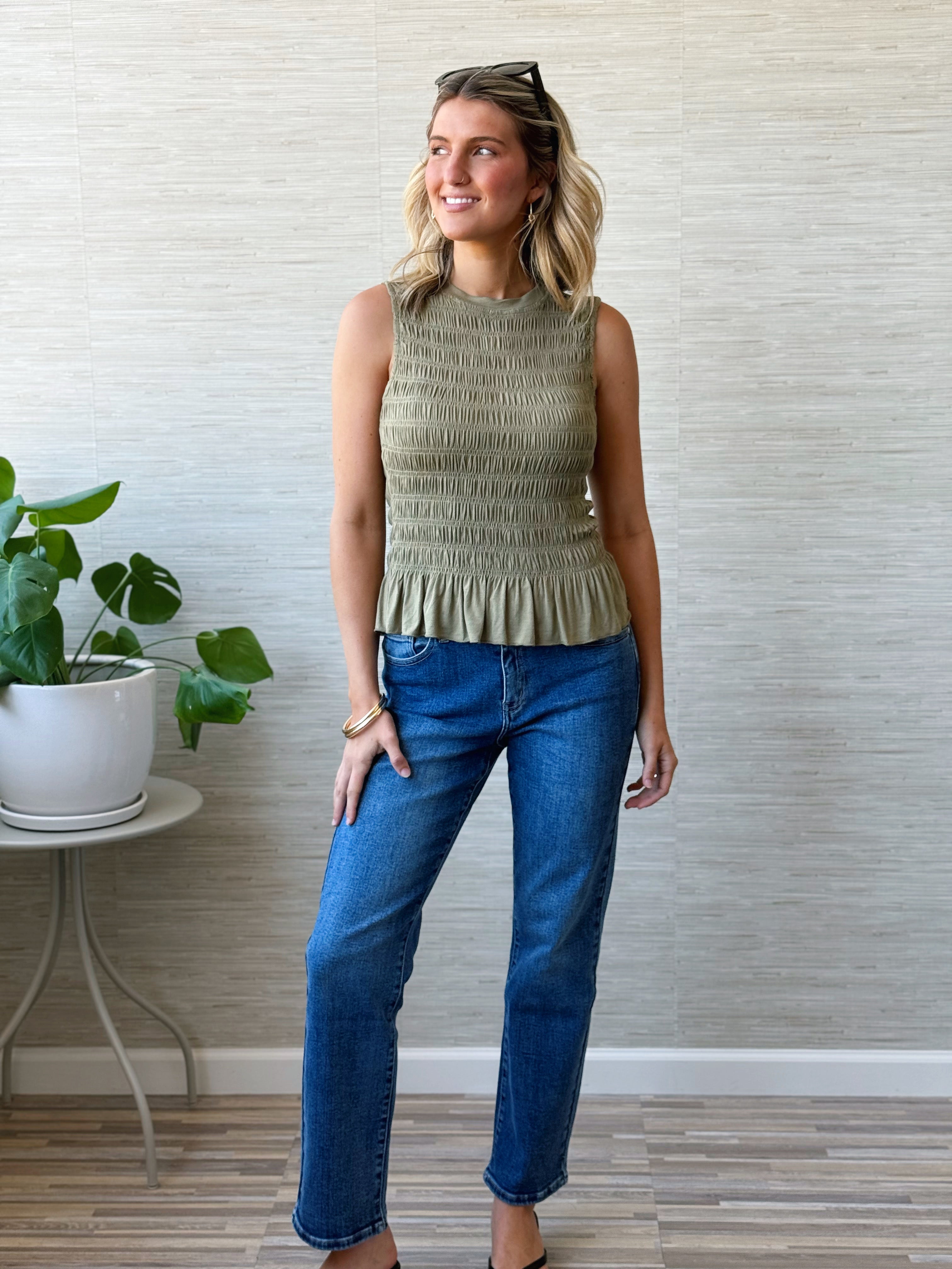 Soft Smocked Tank - OLIVE