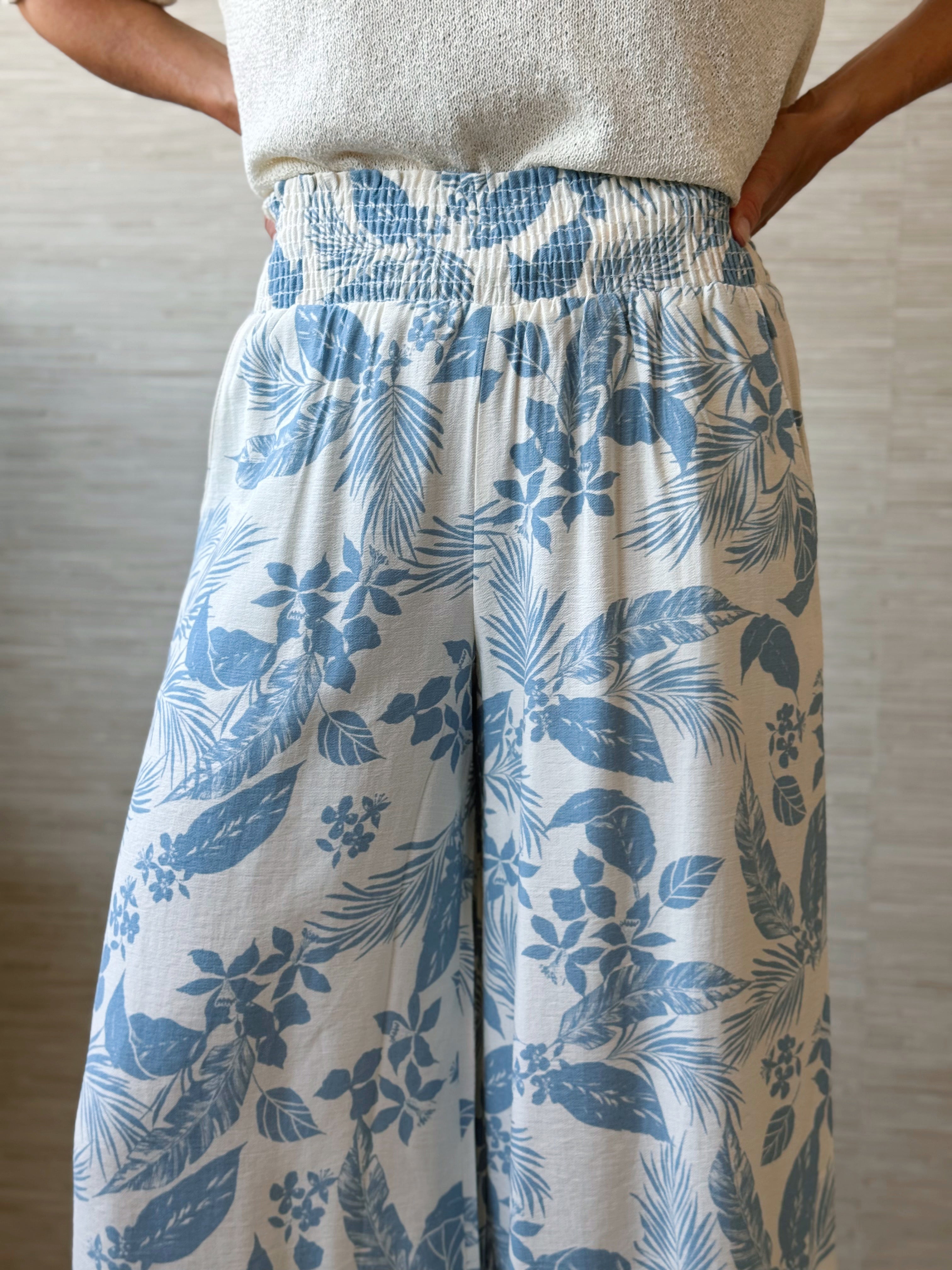 Printed Free Flowing Pants - IVORY/BLUE