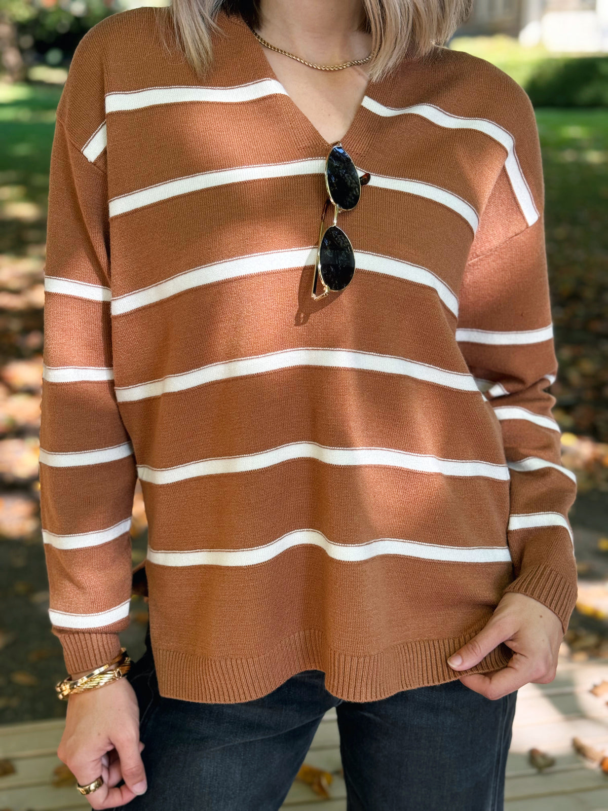 Varsity Stripe Sweater - DEEP CAMEL