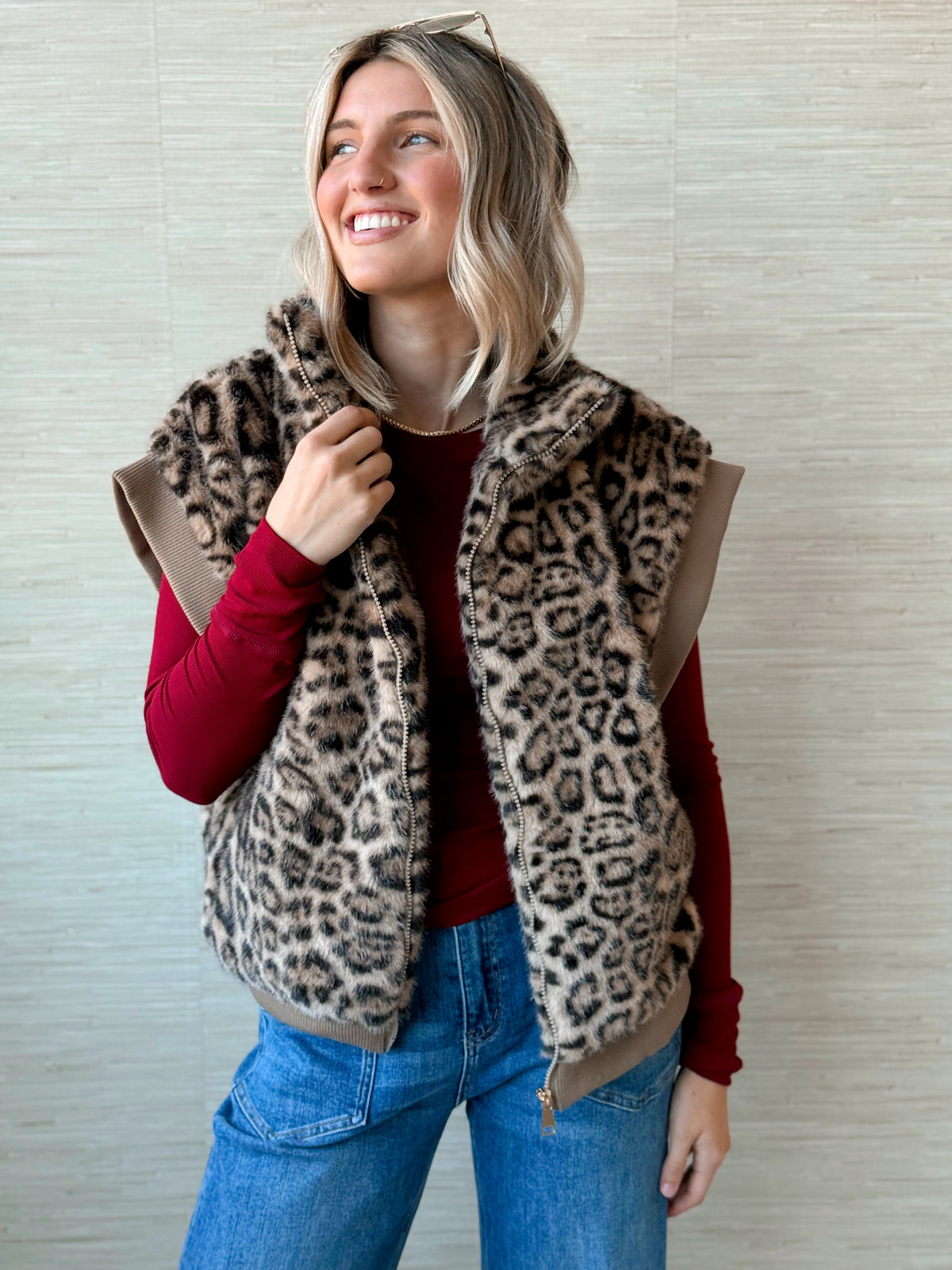 Leopard Faux Fur Vest - TAUPE