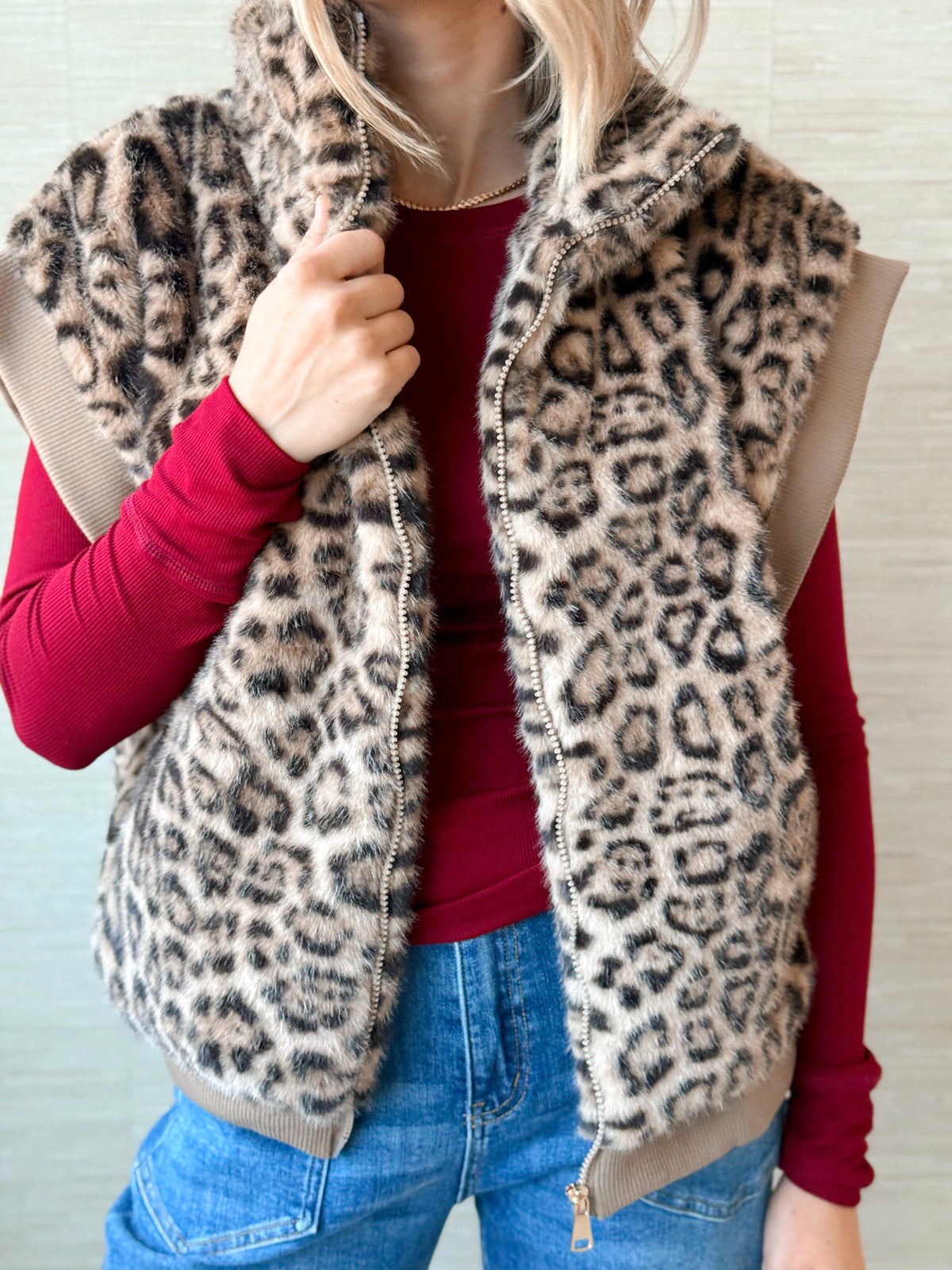 Leopard Faux Fur Vest - TAUPE