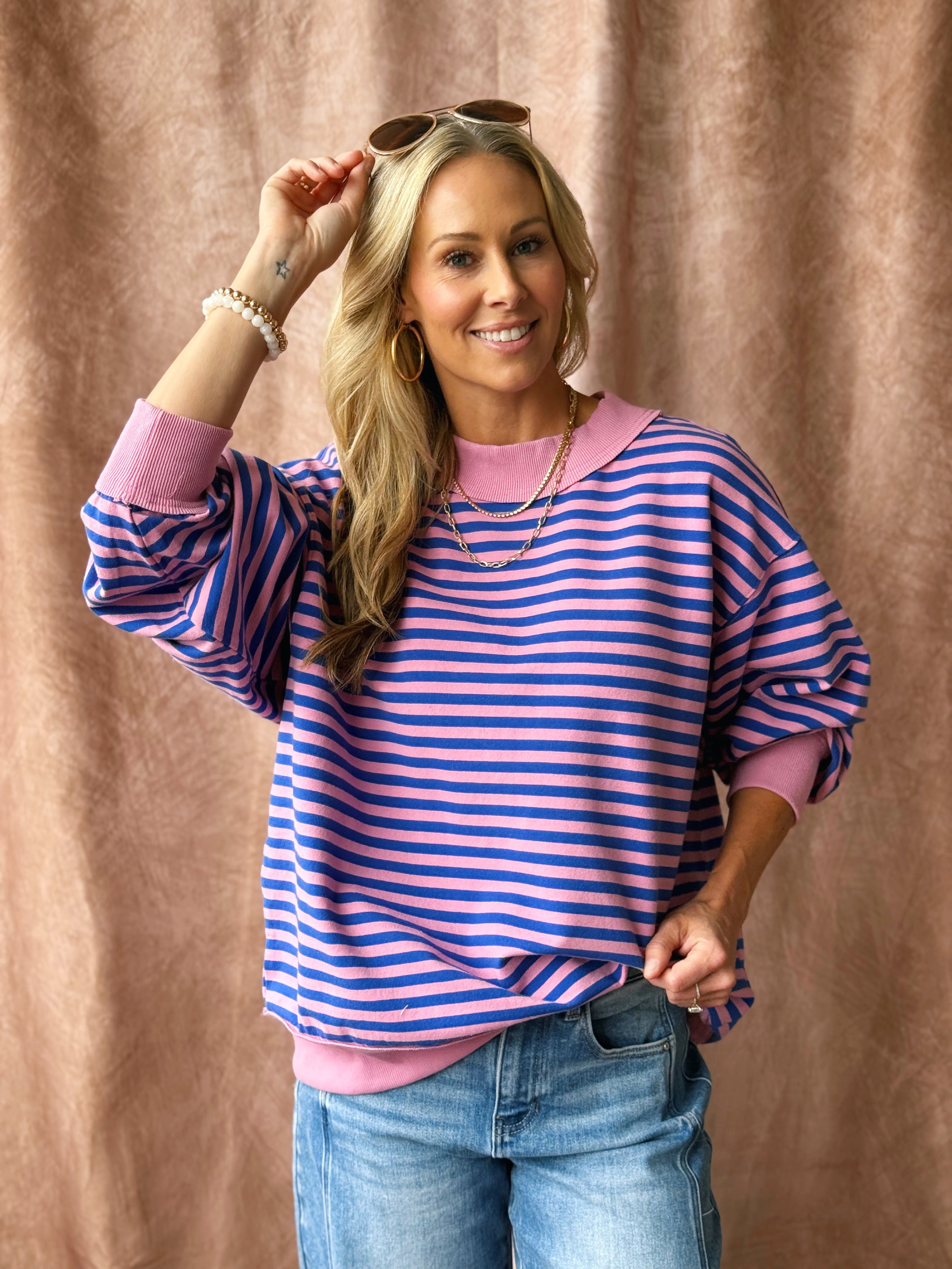 Happy Stripe Pullover - PINK/ROYAL