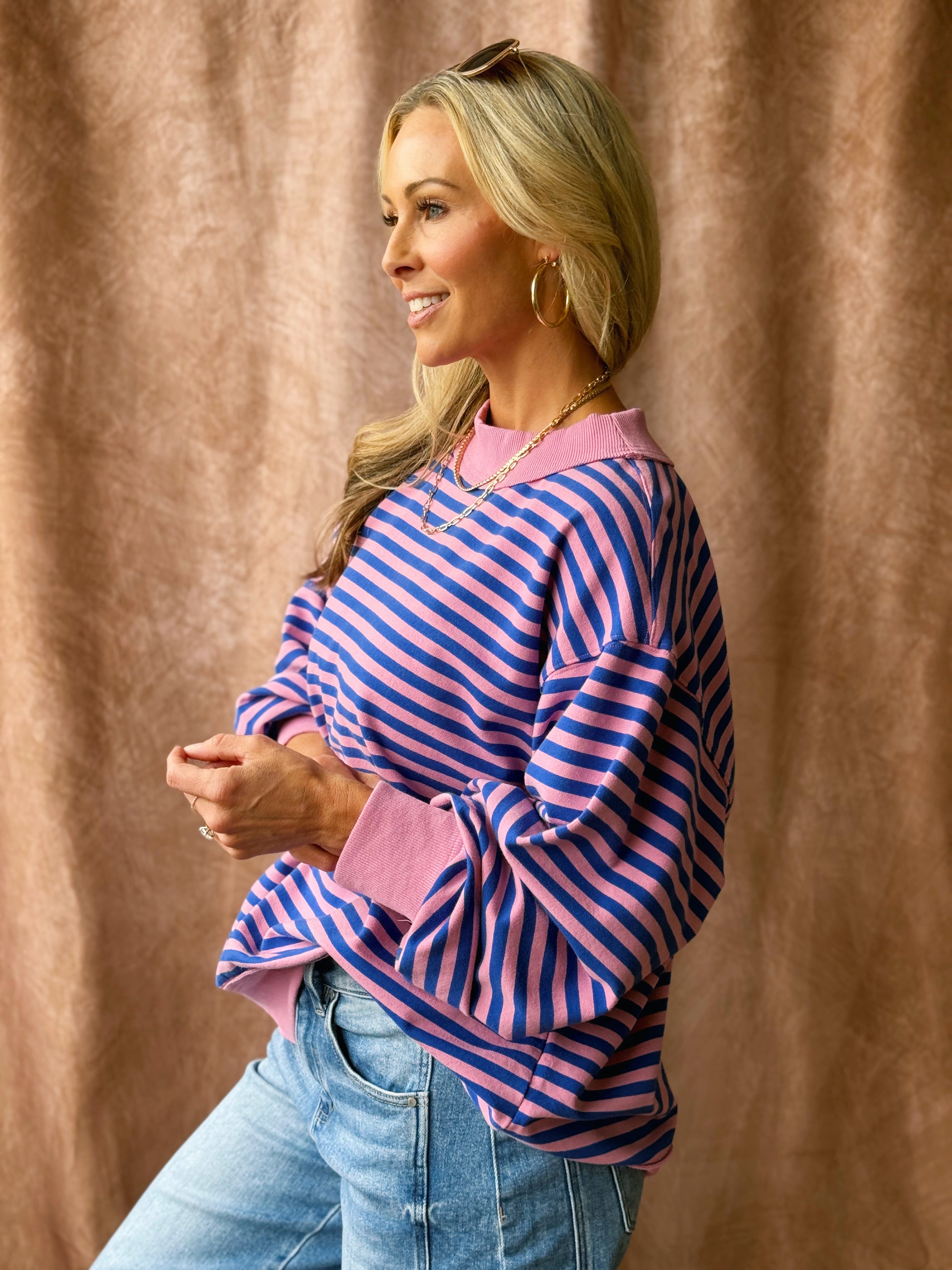 Happy Stripe Pullover - PINK/ROYAL