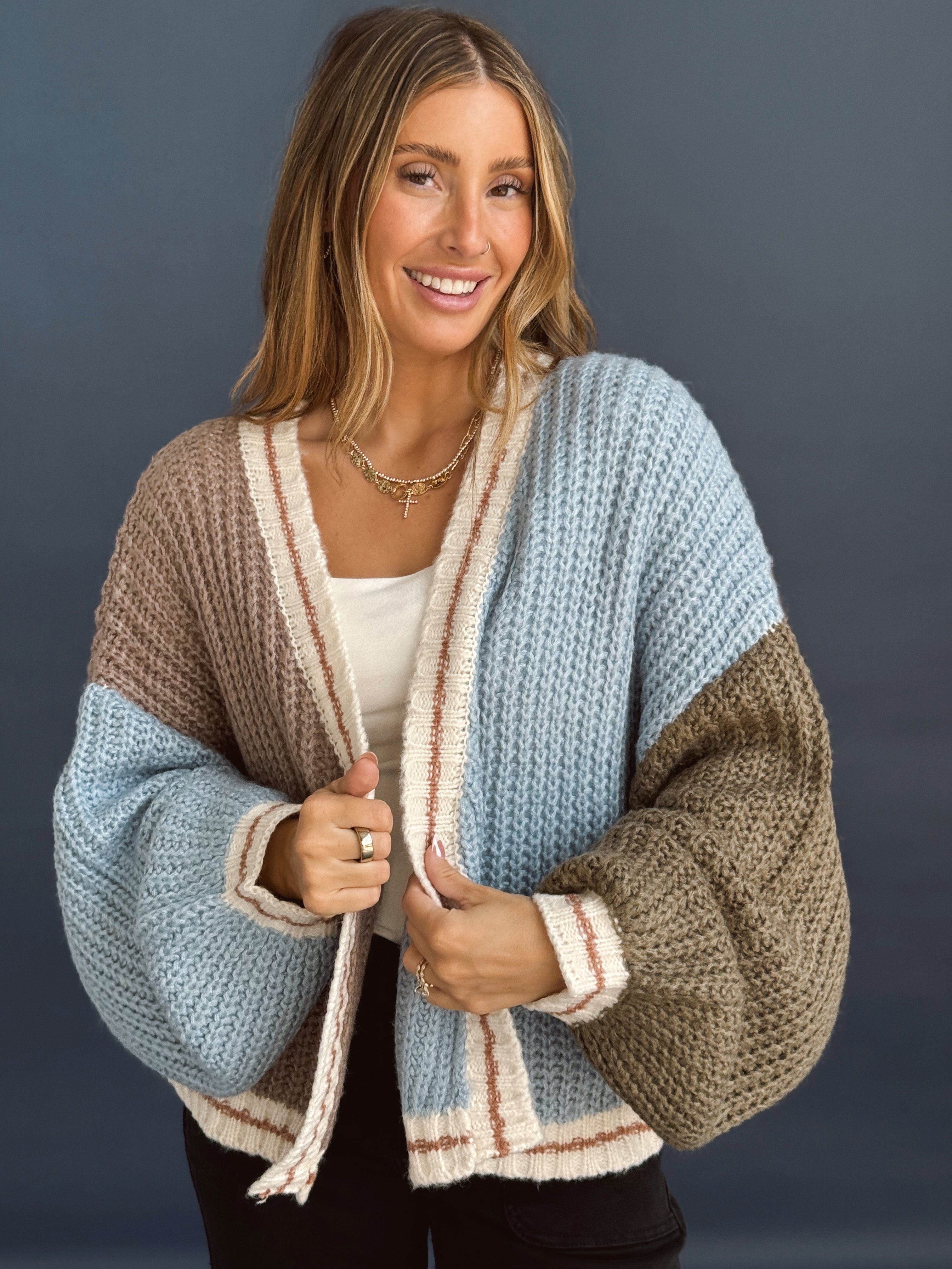 Rain On Me Cardigan - MOCHA/BLUE