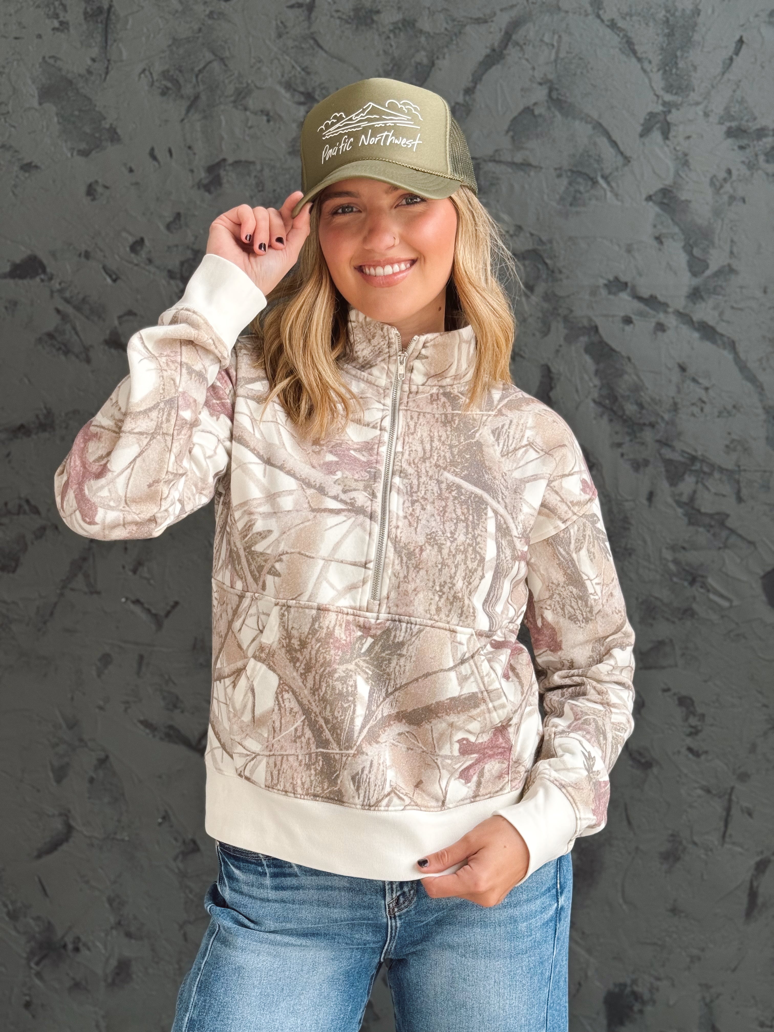 Savannah Half Zip Sweatshirt - MAUVE CAMO