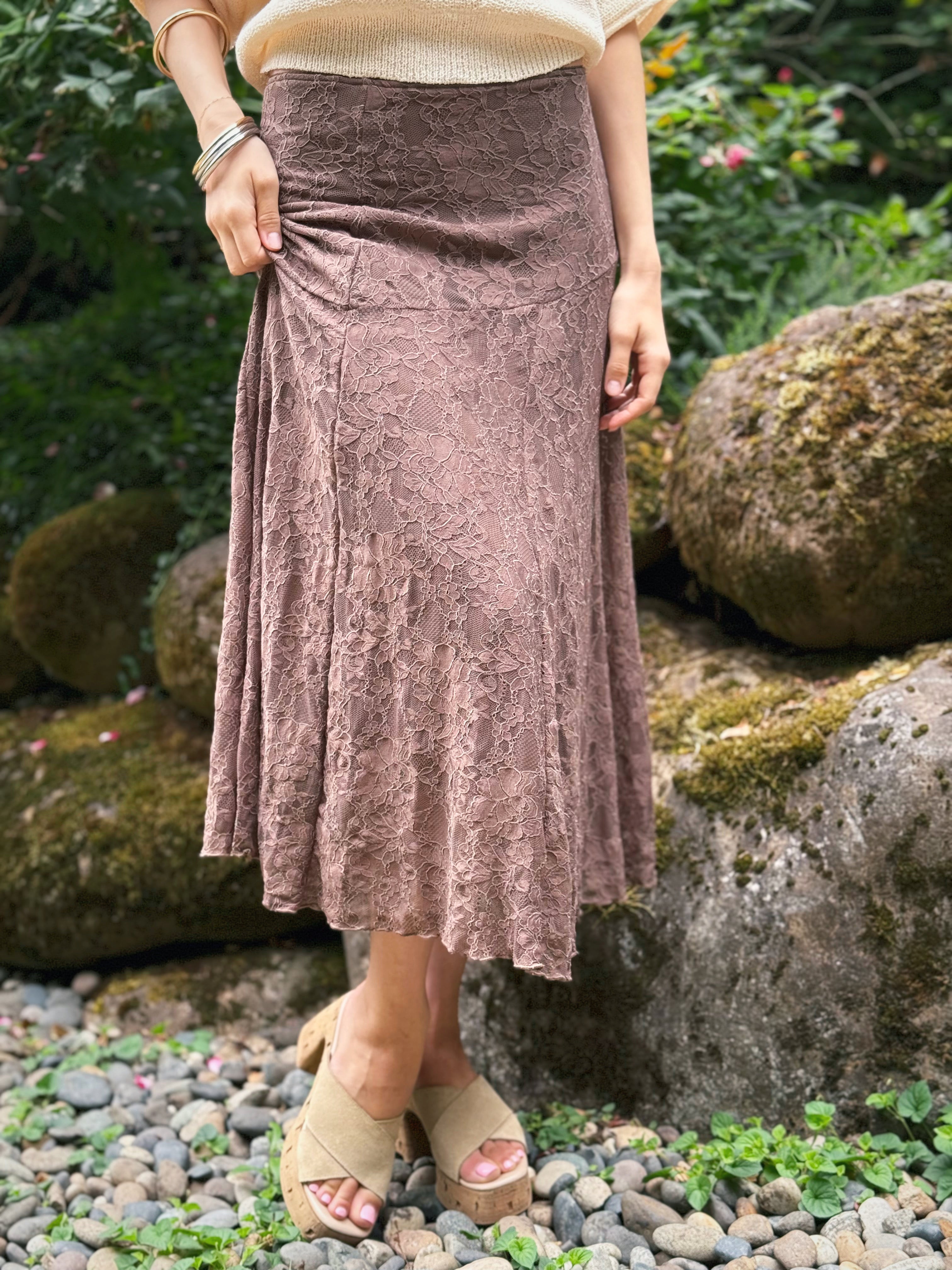 Almira Lace Skirt - CHOCOLATE BROWN - willows clothing long skirt