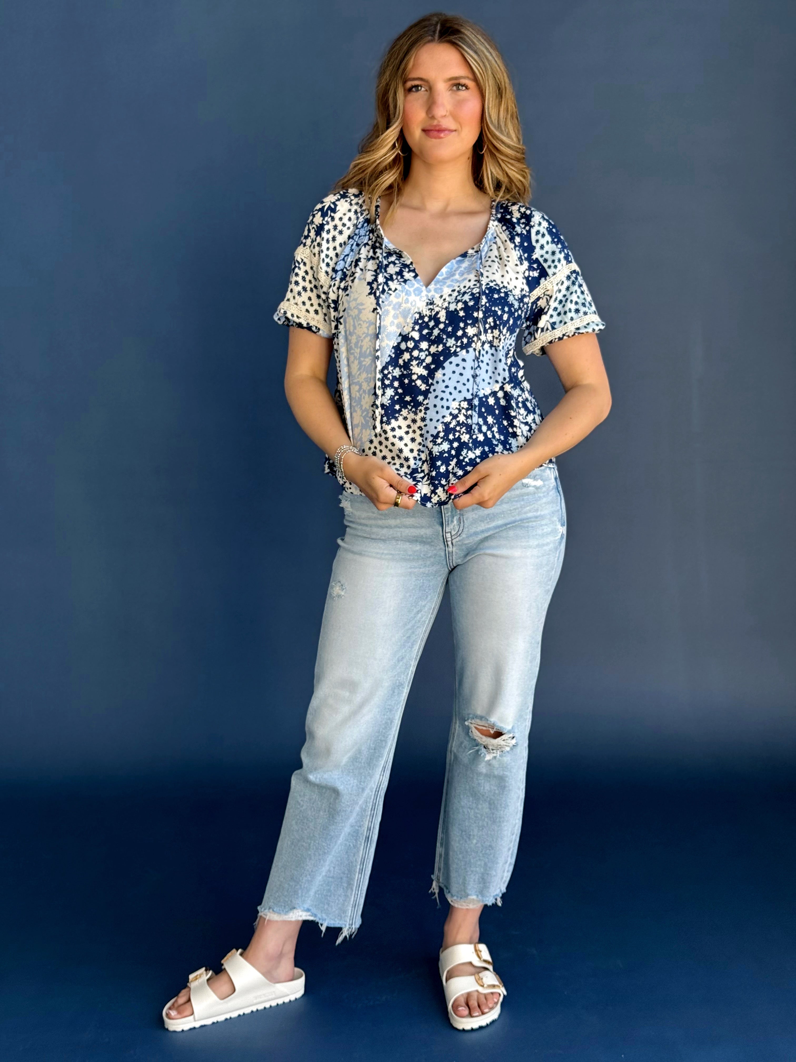 Amaris Blouse - NAVY/DUSTY BLUE - willows clothing BLOUSE