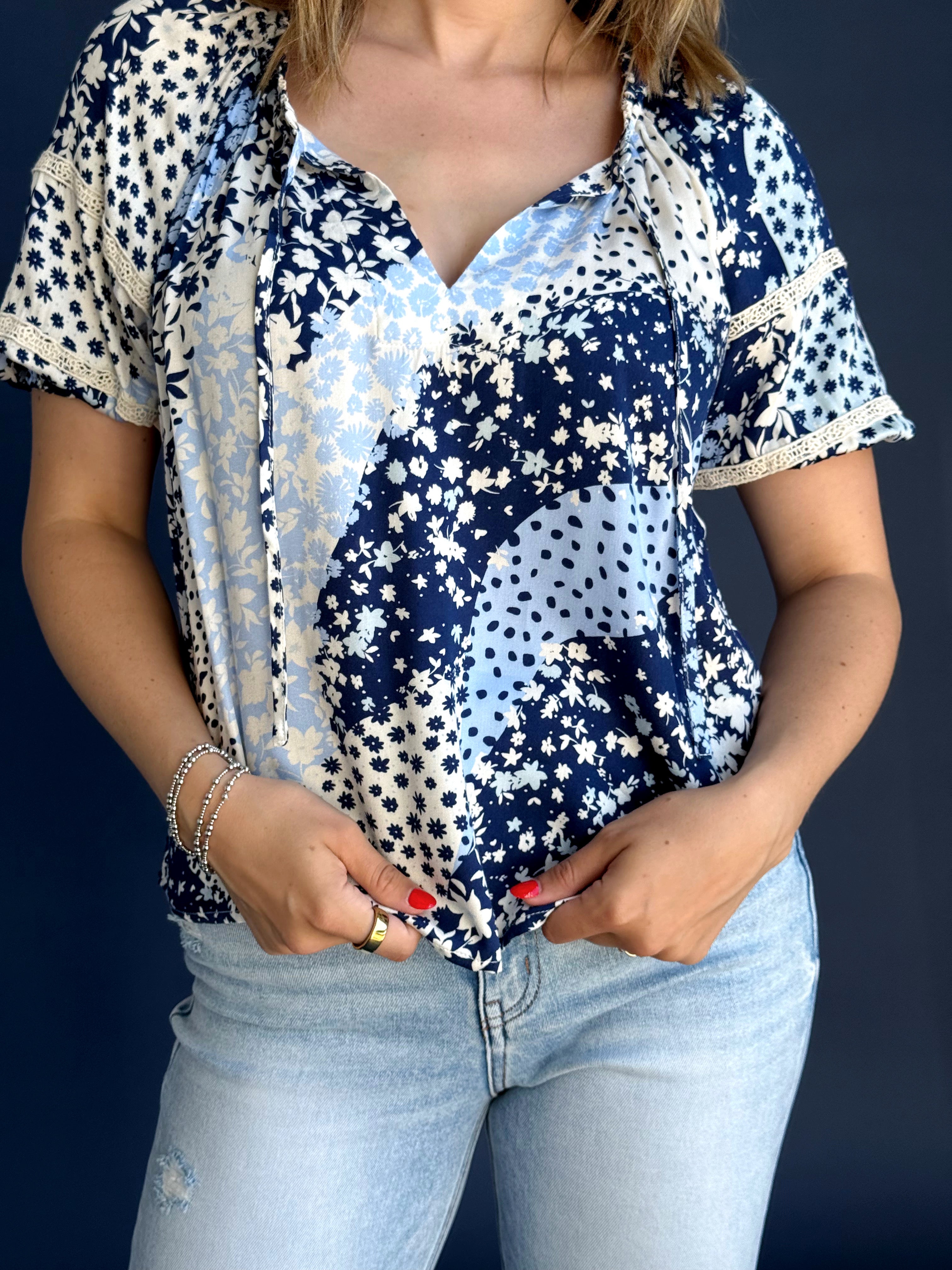 Amaris Blouse - NAVY/DUSTY BLUE - willows clothing BLOUSE