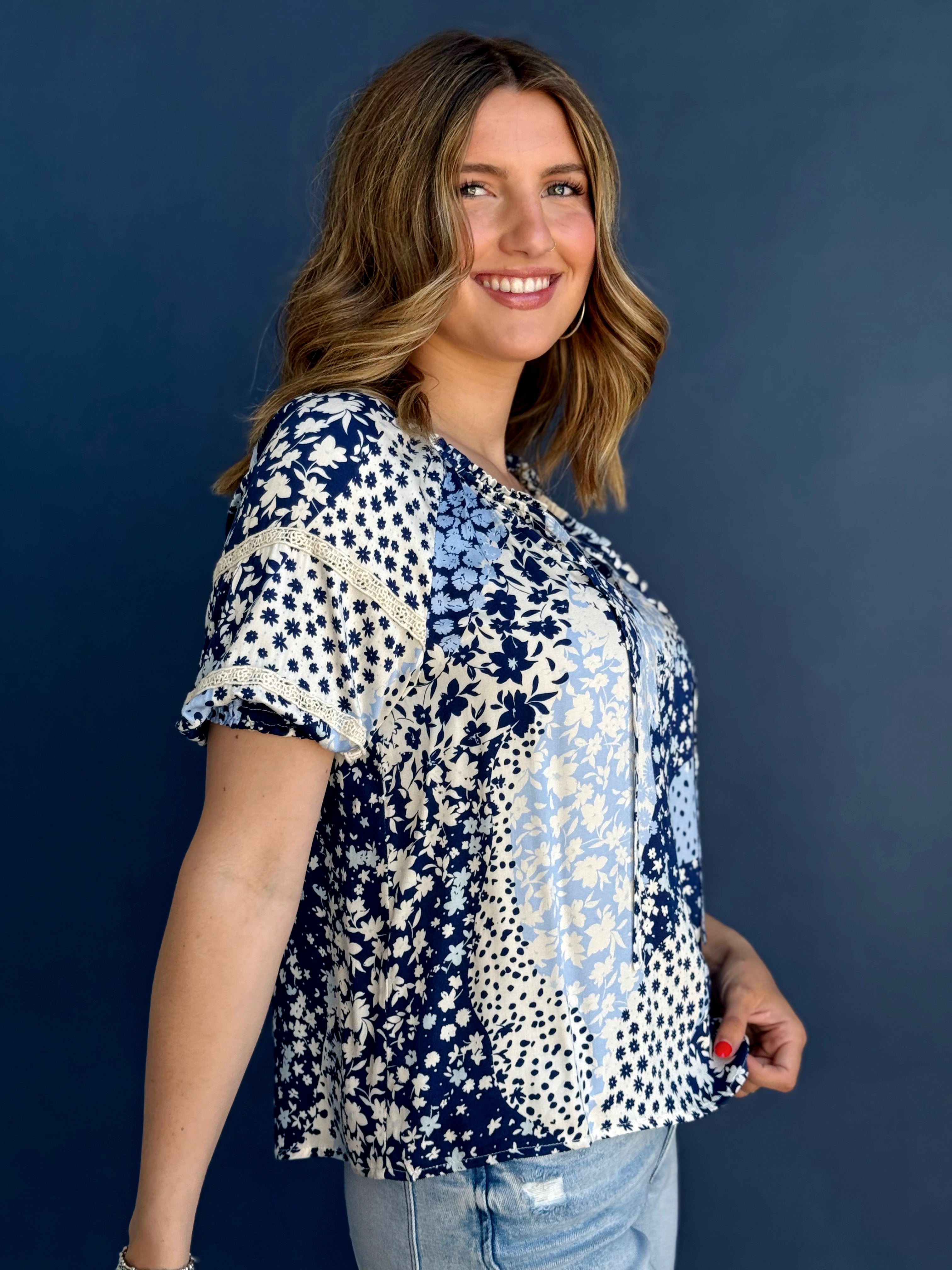 Amaris Blouse - NAVY/DUSTY BLUE - willows clothing BLOUSE