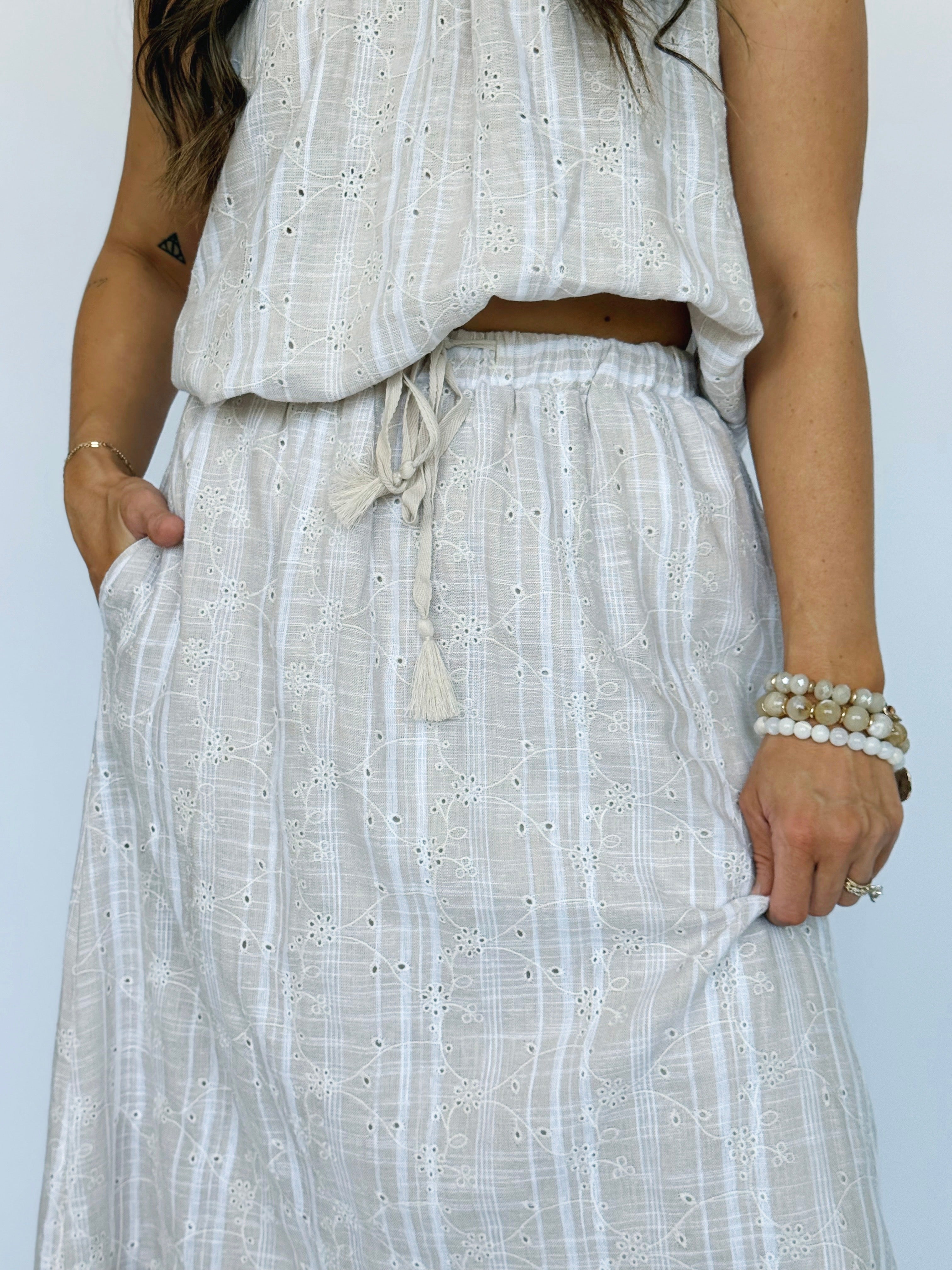 April Eyelet Skirt - TAUPE - willows clothing MIDI SKIRT