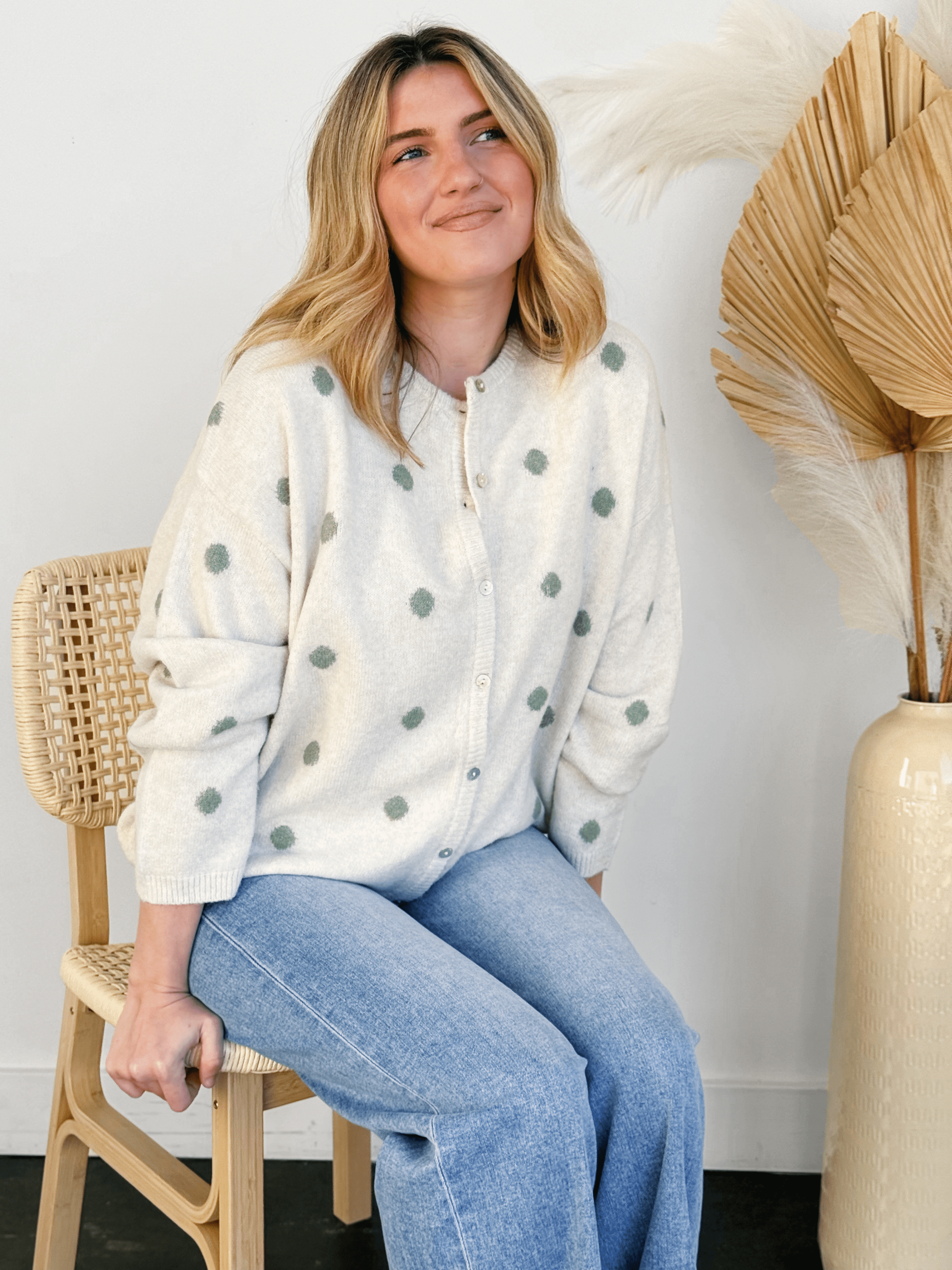 Ashley Polka Dot Cardigan - IVORY/SAGE - willows clothing Cardigan