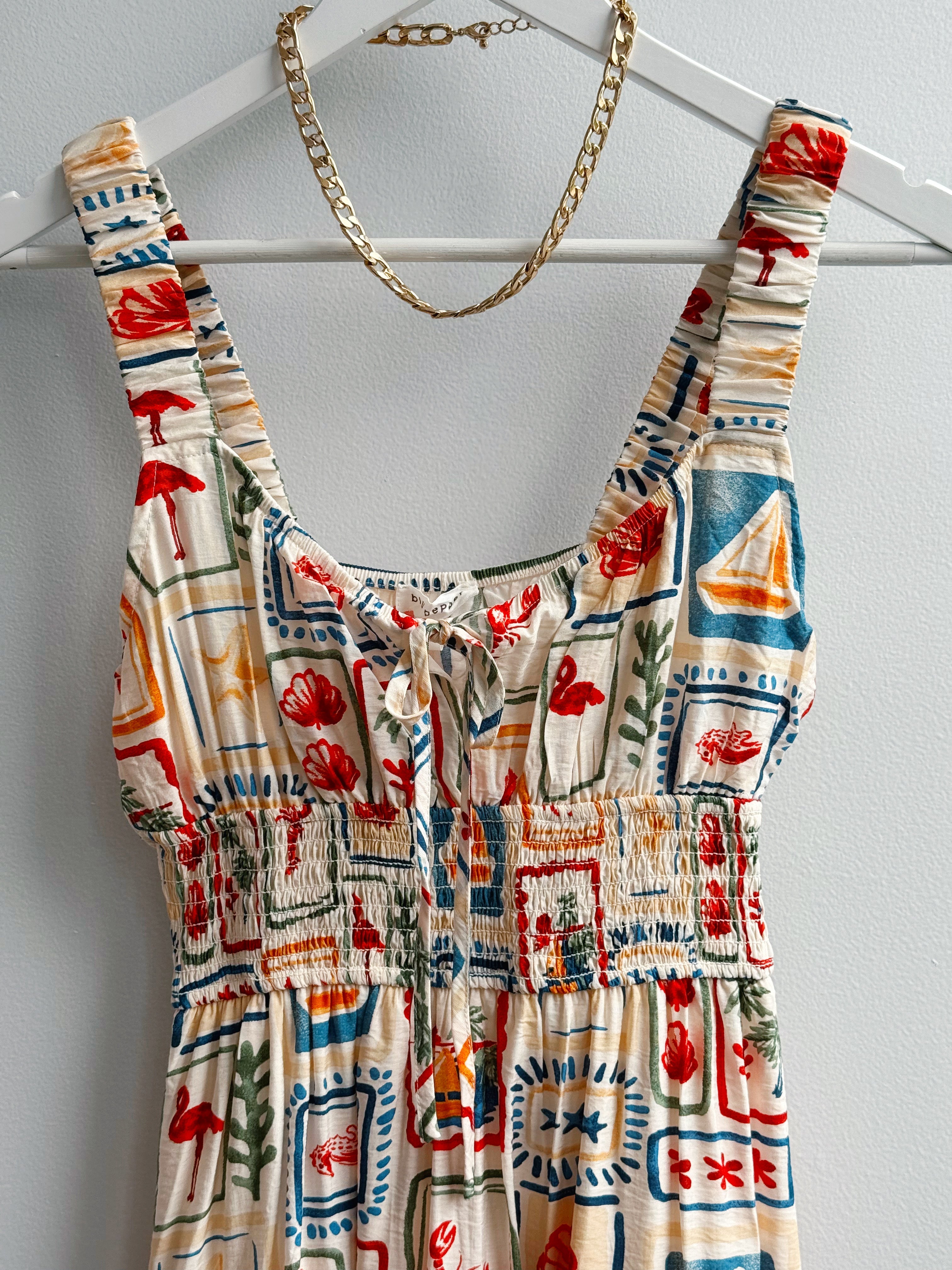 Coastal Memories Dress - OATMEAL MULTI - willows clothing MIDI DRESS