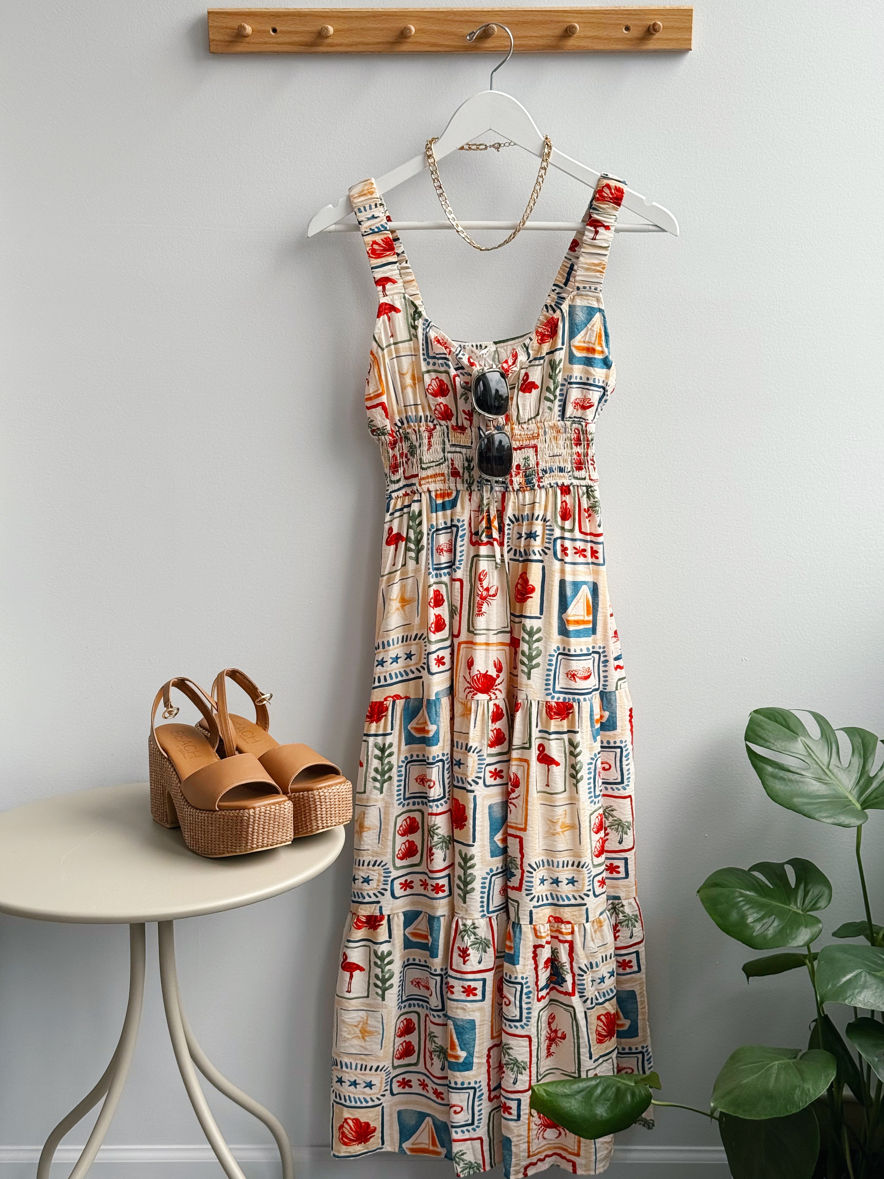 Coastal Memories Dress - OATMEAL MULTI - willows clothing MIDI DRESS