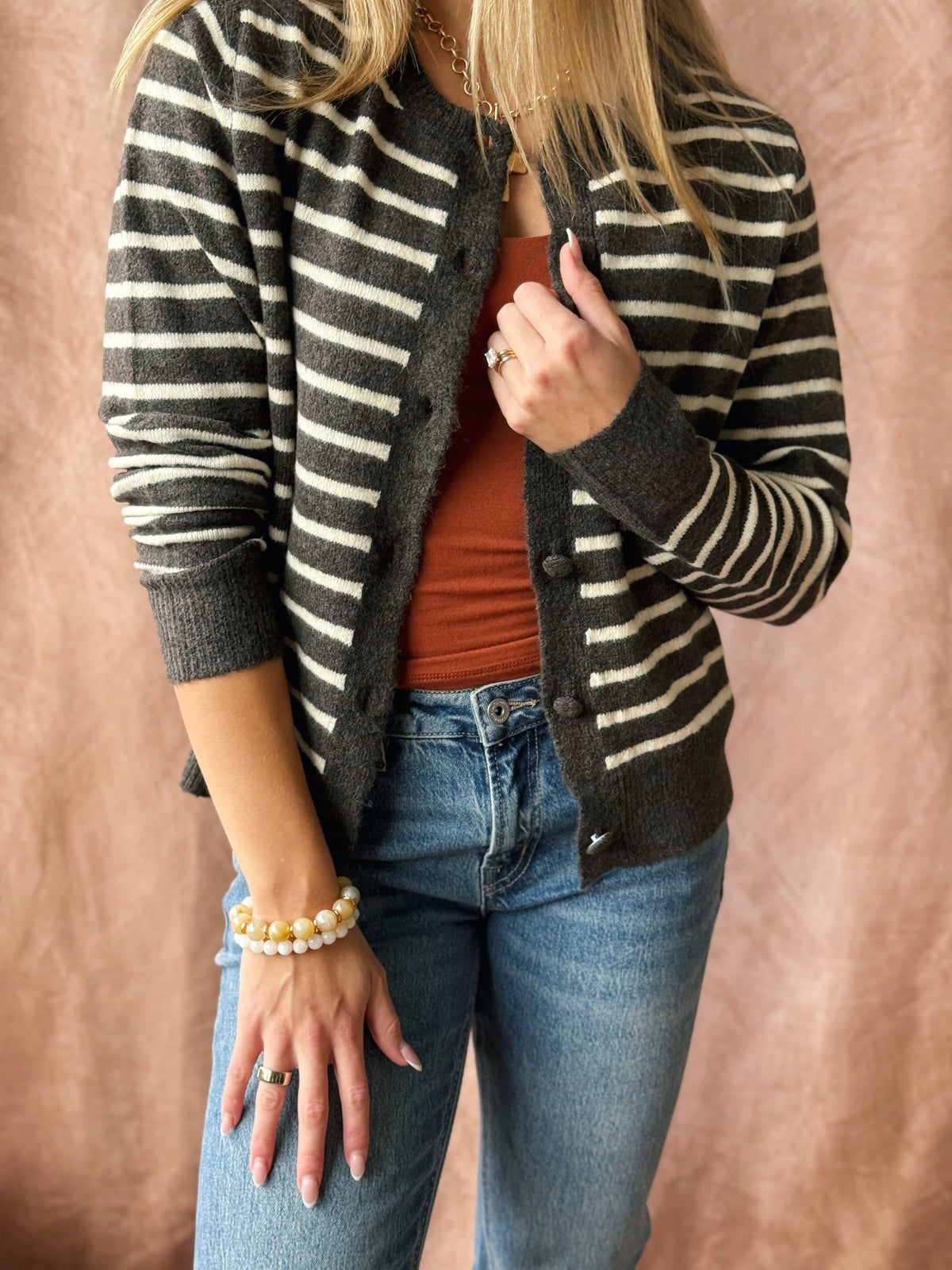 Countryside Stripe Cardigan - DARK CHOCO - willows clothing Cardigan