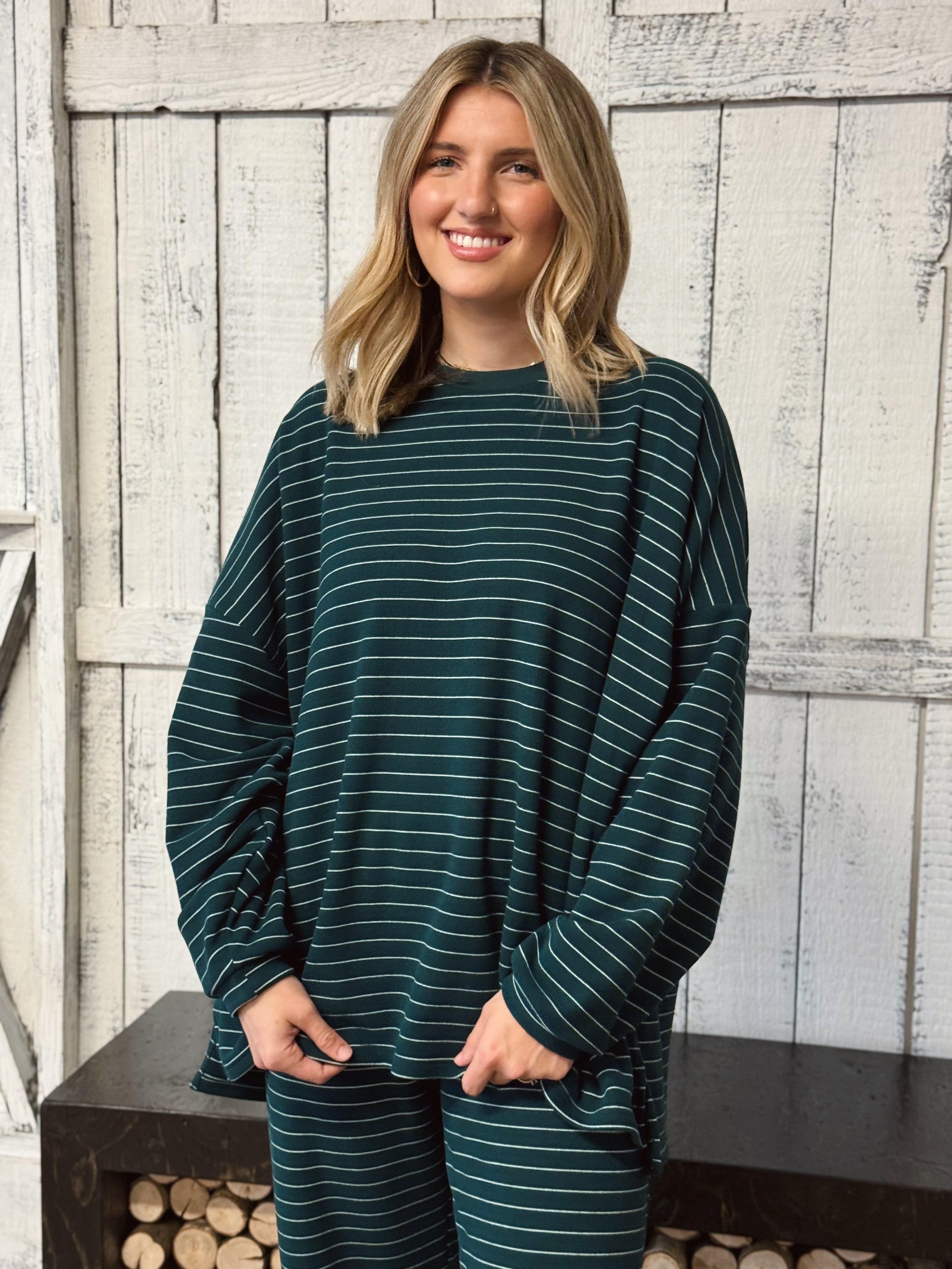 Cozy Stripe Sweatshirt - GREEN - willows clothing SWEATSHIRT