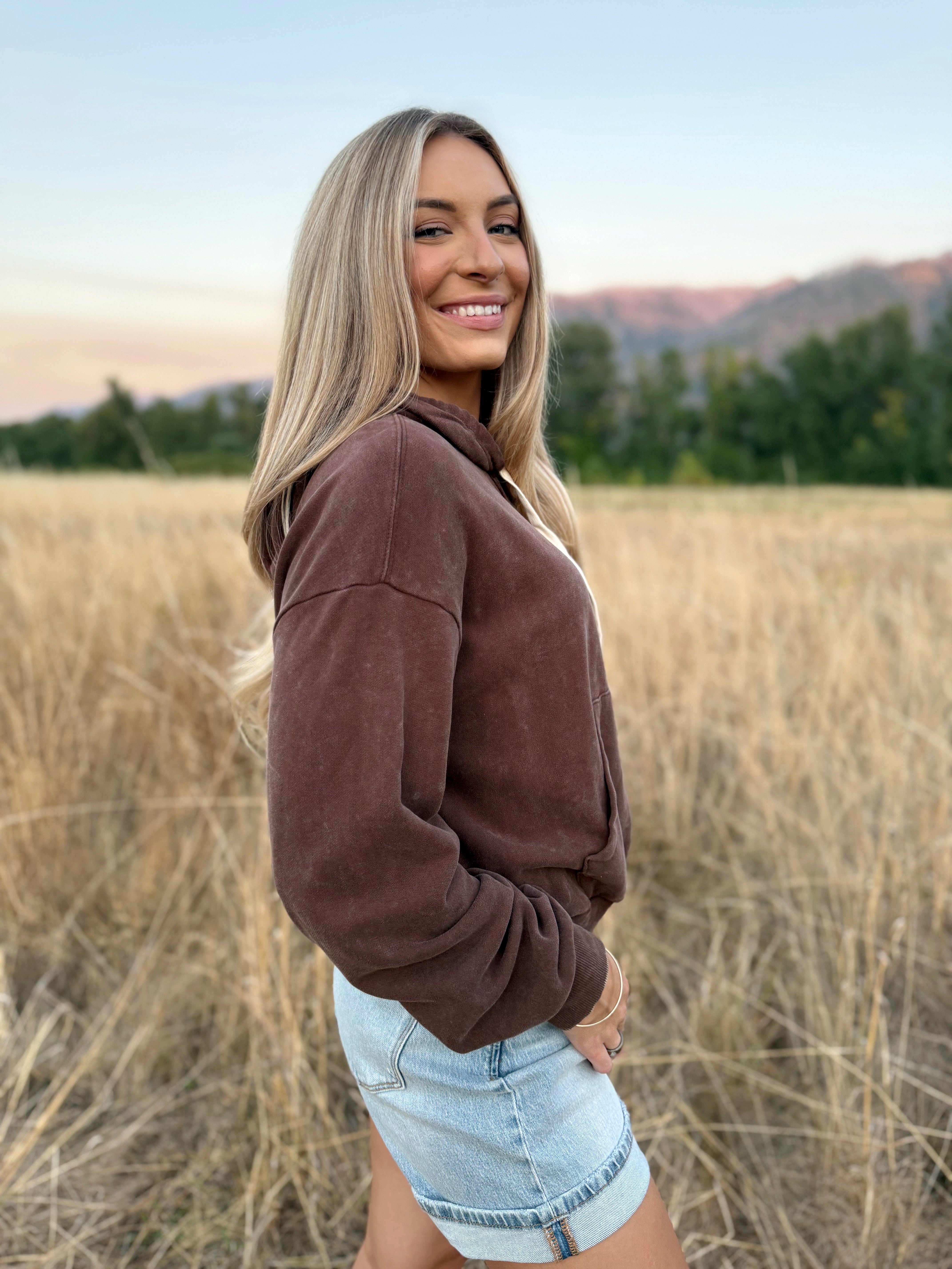 Cozy Wash Hoodie - DARK BROWN - willows clothing SWEATSHIRT