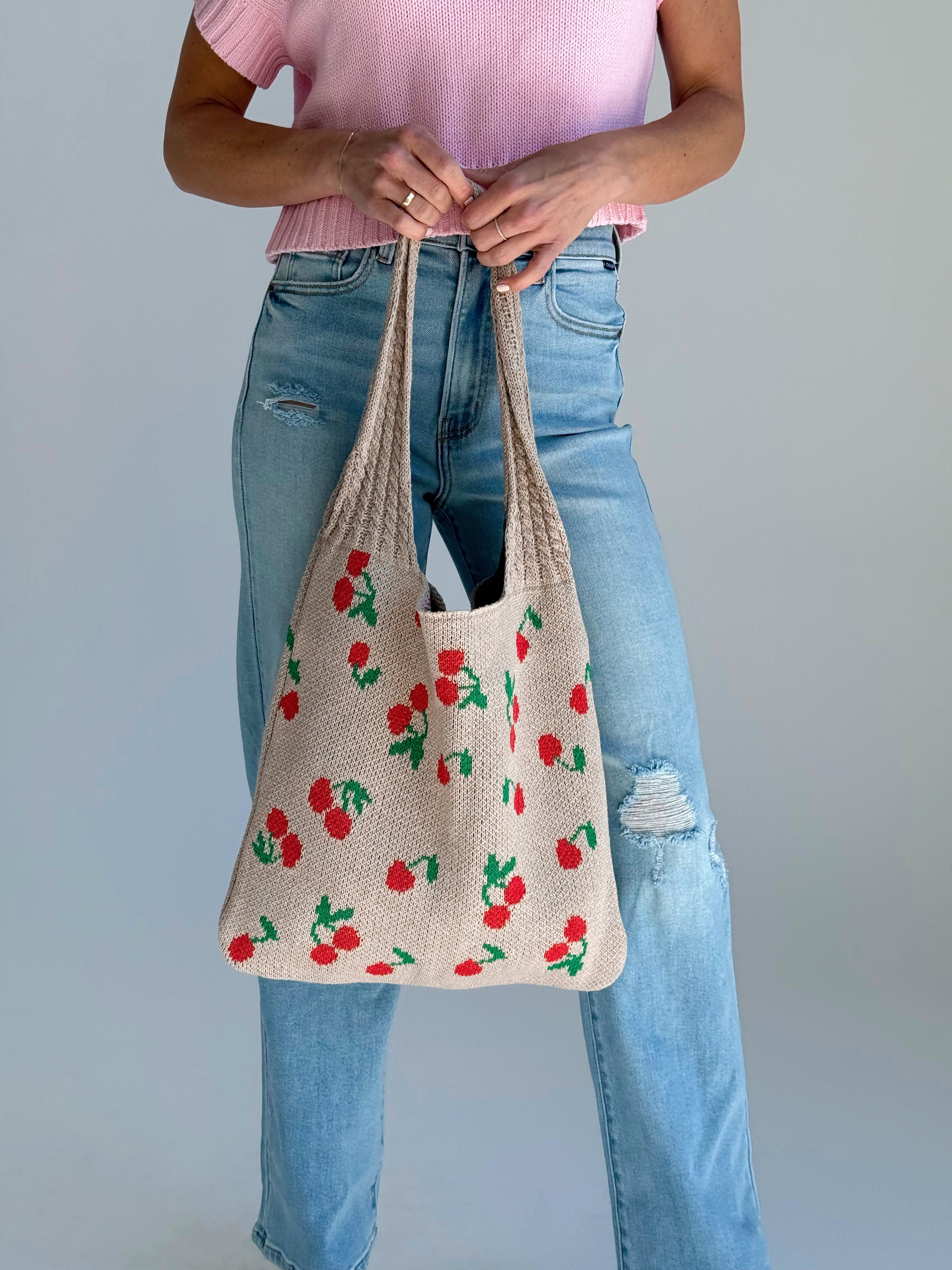 Crochet Cherry Tote - ASH MOCHA - willows clothing TOTE