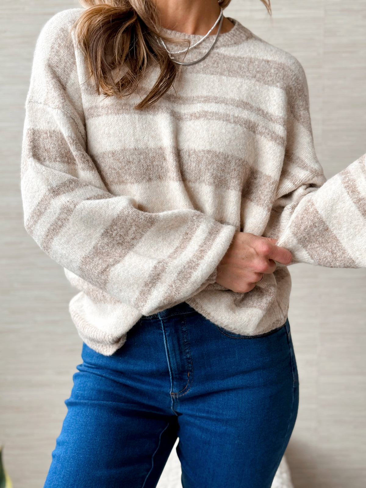 Cue the Cozy Sweater - TAUPE/CREAM - willows clothing SWEATER