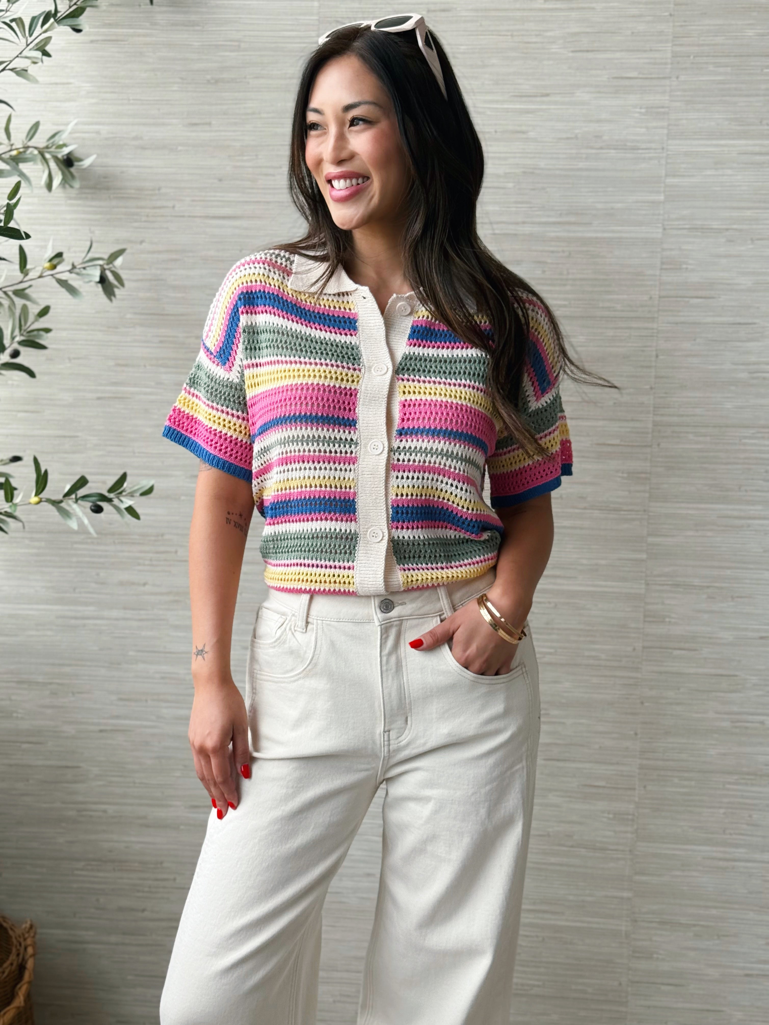 Elora Cardigan - CREAM/MULTI STRIPE - willows clothing Cardigan