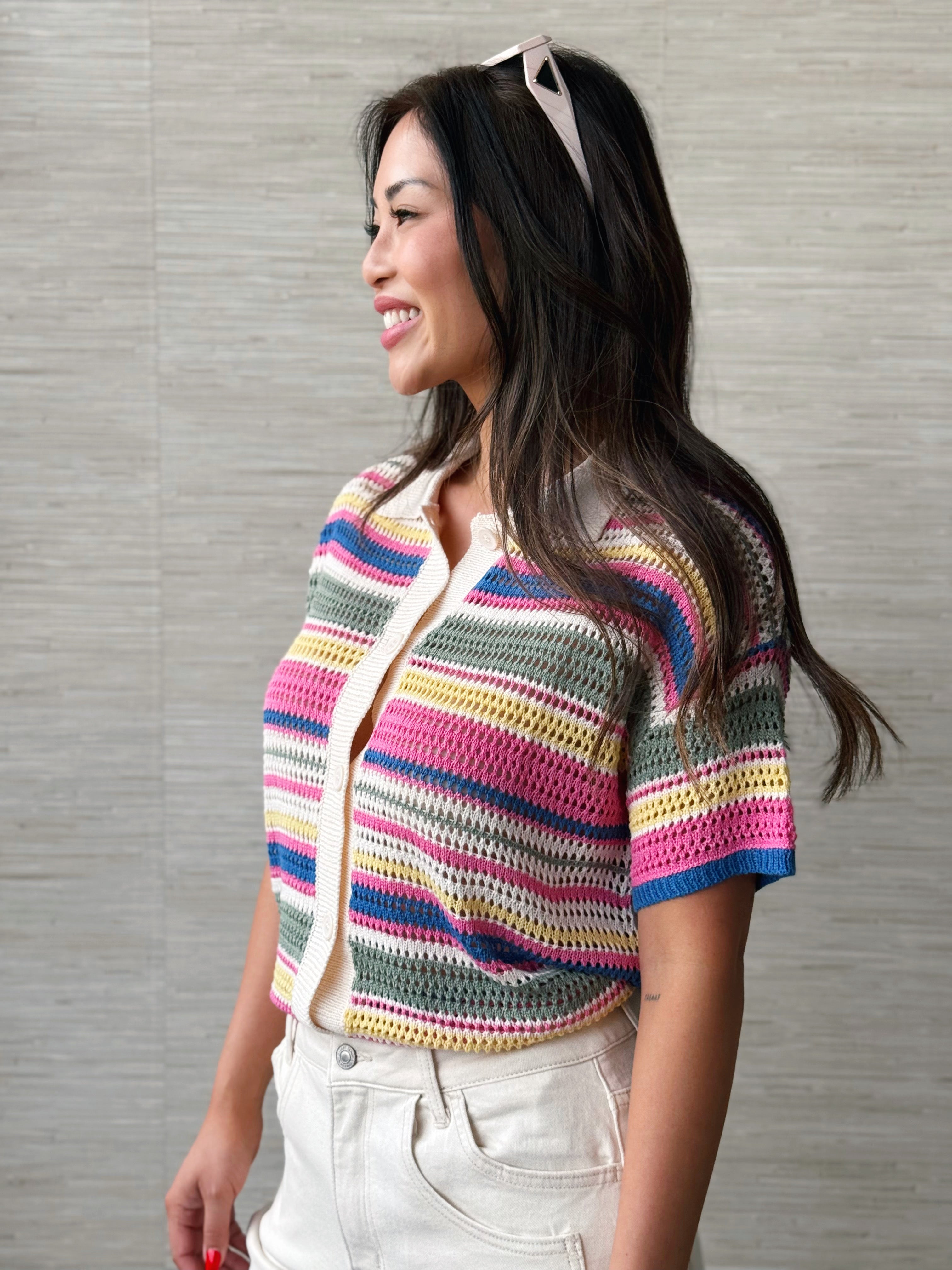 Elora Cardigan - CREAM/MULTI STRIPE - willows clothing Cardigan