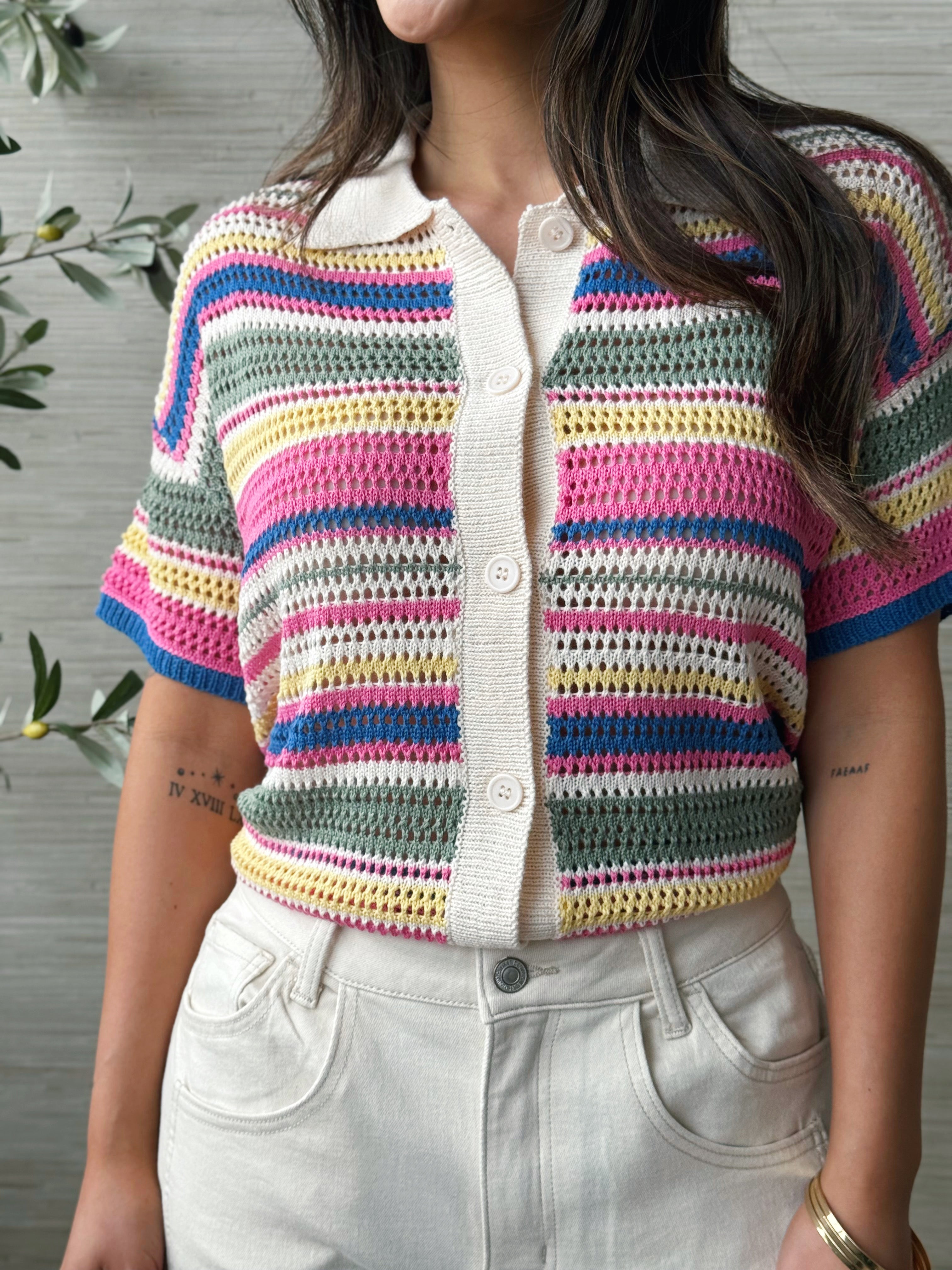 Elora Cardigan - CREAM/MULTI STRIPE - willows clothing Cardigan