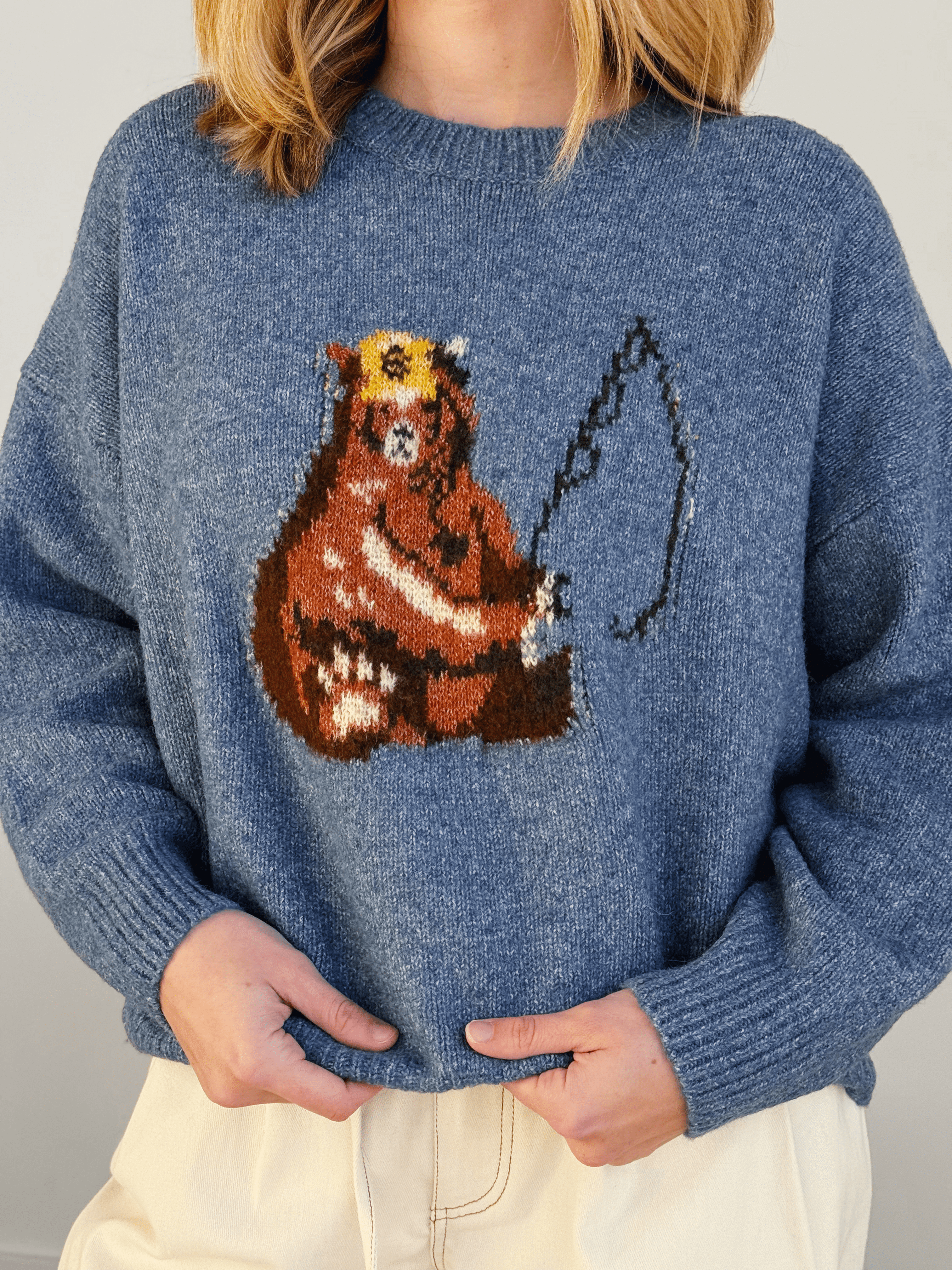 Fishing Bear Sweater - BLUE - willows clothing SWEATER