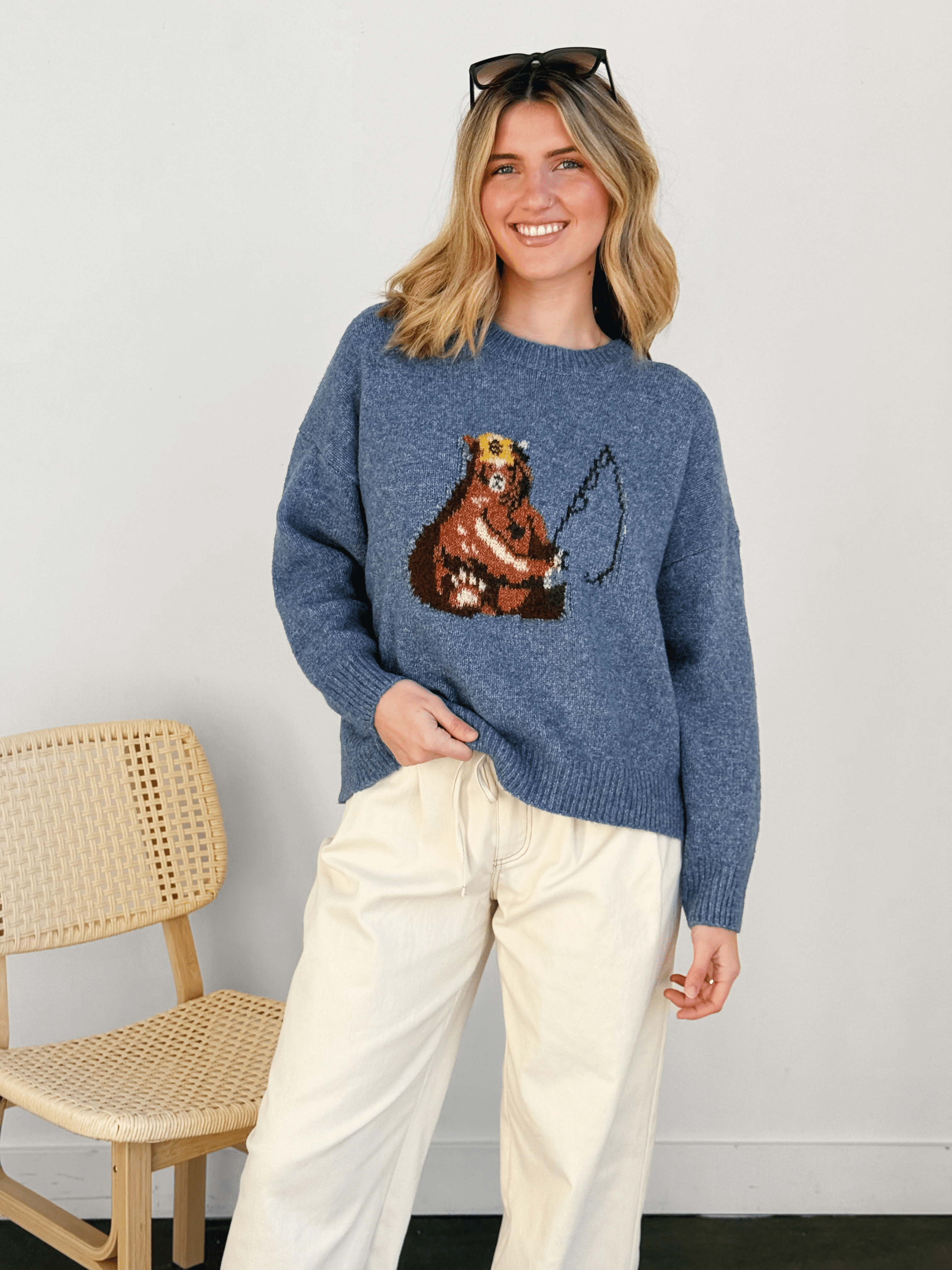 Fishing Bear Sweater - BLUE - willows clothing SWEATER