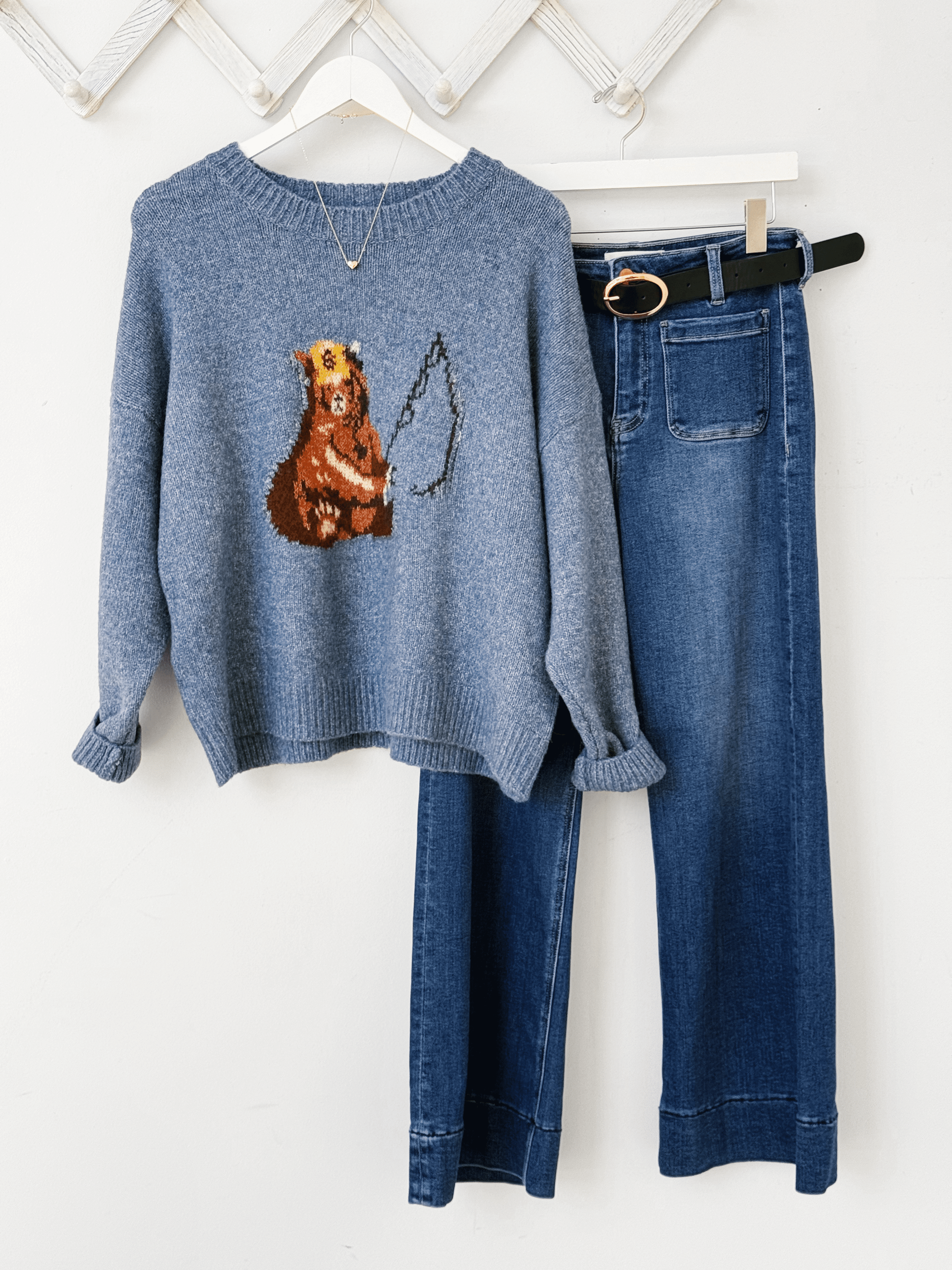 Fishing Bear Sweater - BLUE - willows clothing SWEATER