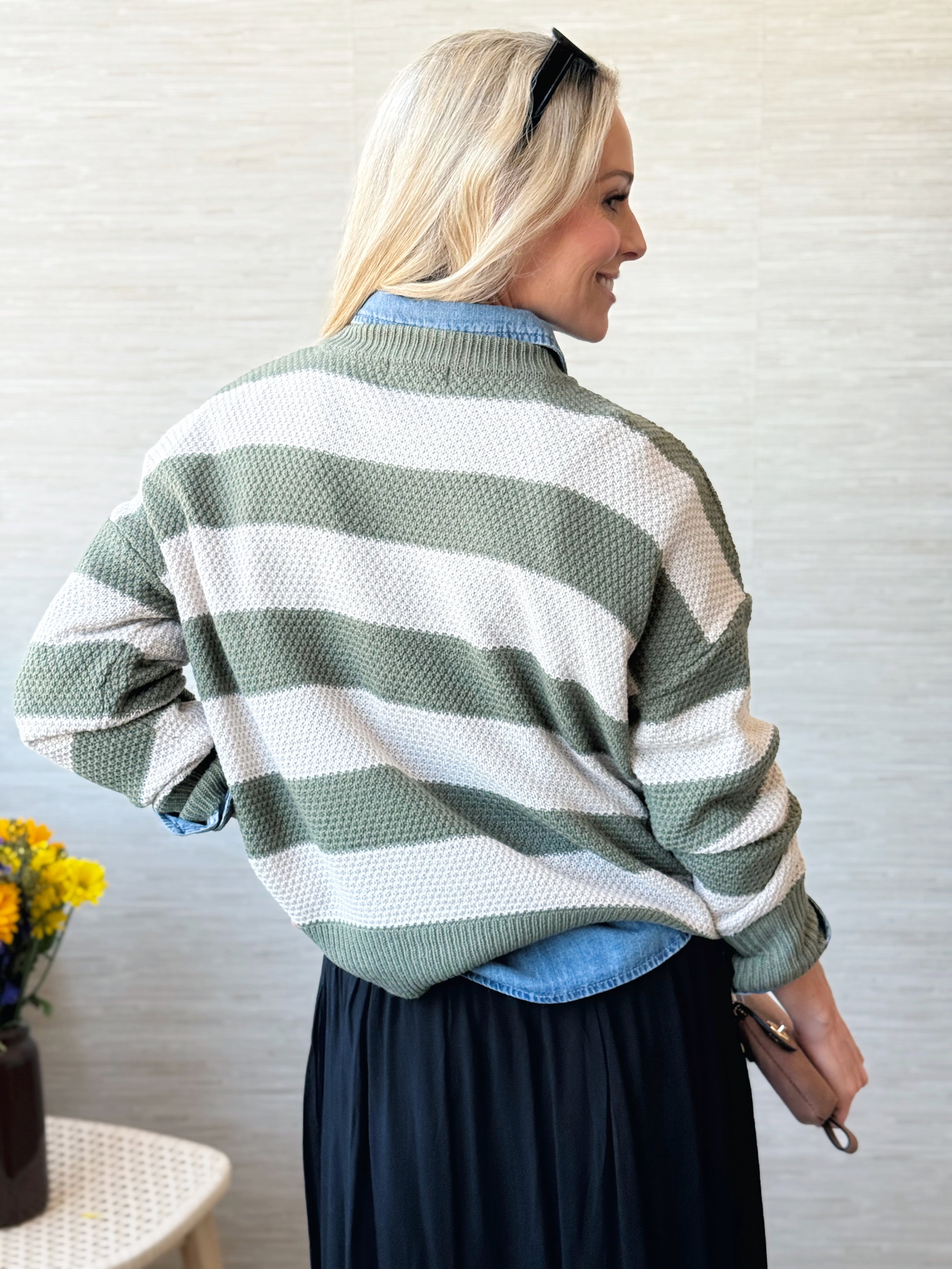 Fuji Stripe Sweater - LIGHT OLIVE - willows clothing SWEATER