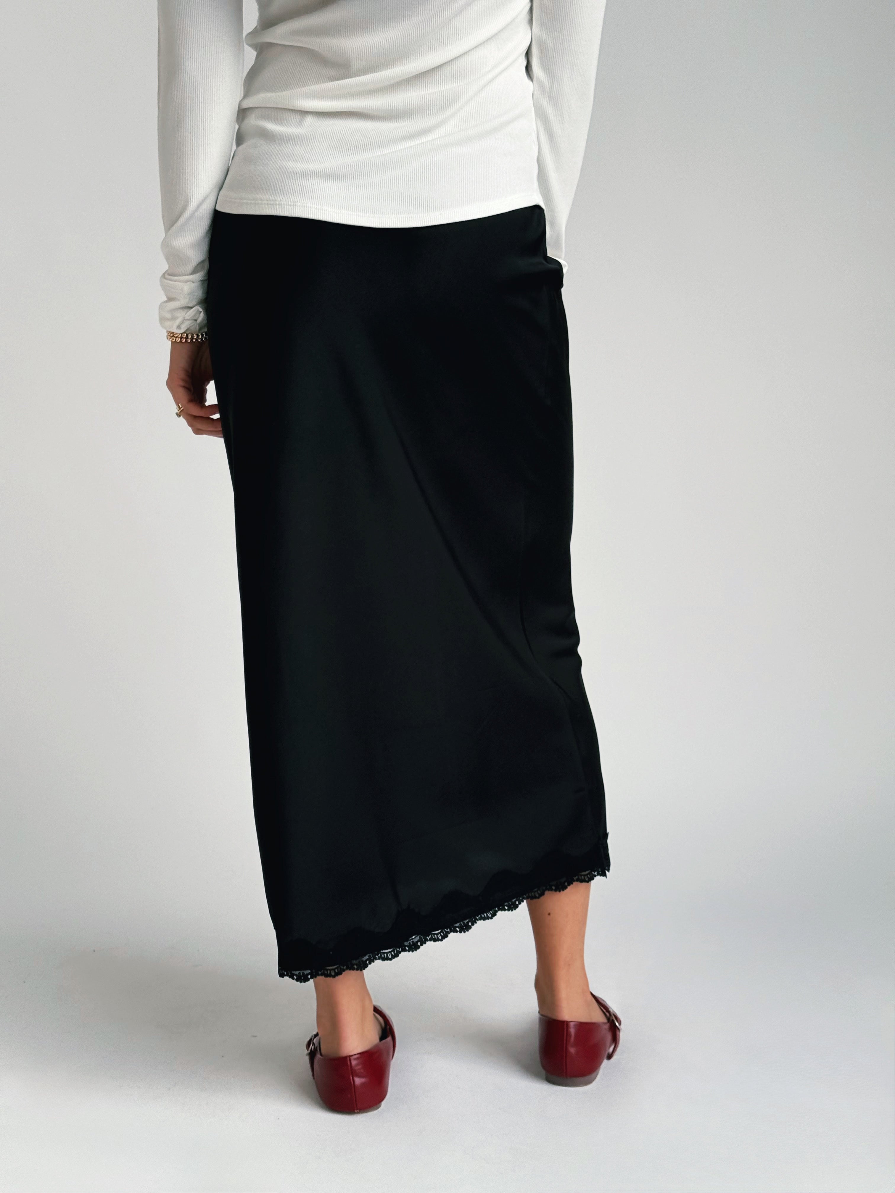 Gracella Satin Midi Skirt - BLACK - willows clothing MIDI SKIRT