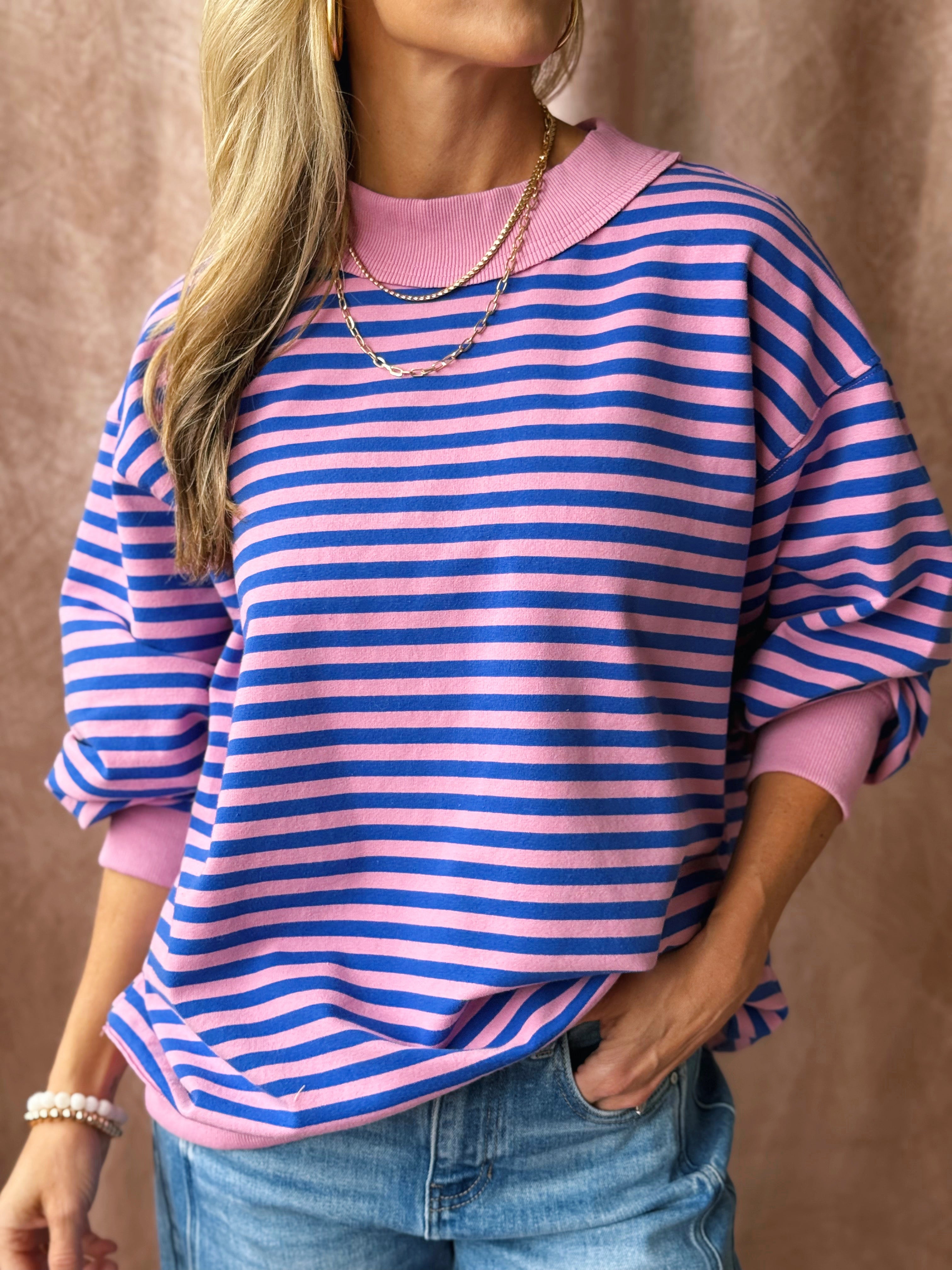Happy Stripe Pullover - PINK/ROYAL - willows clothing SWEATSHIRT