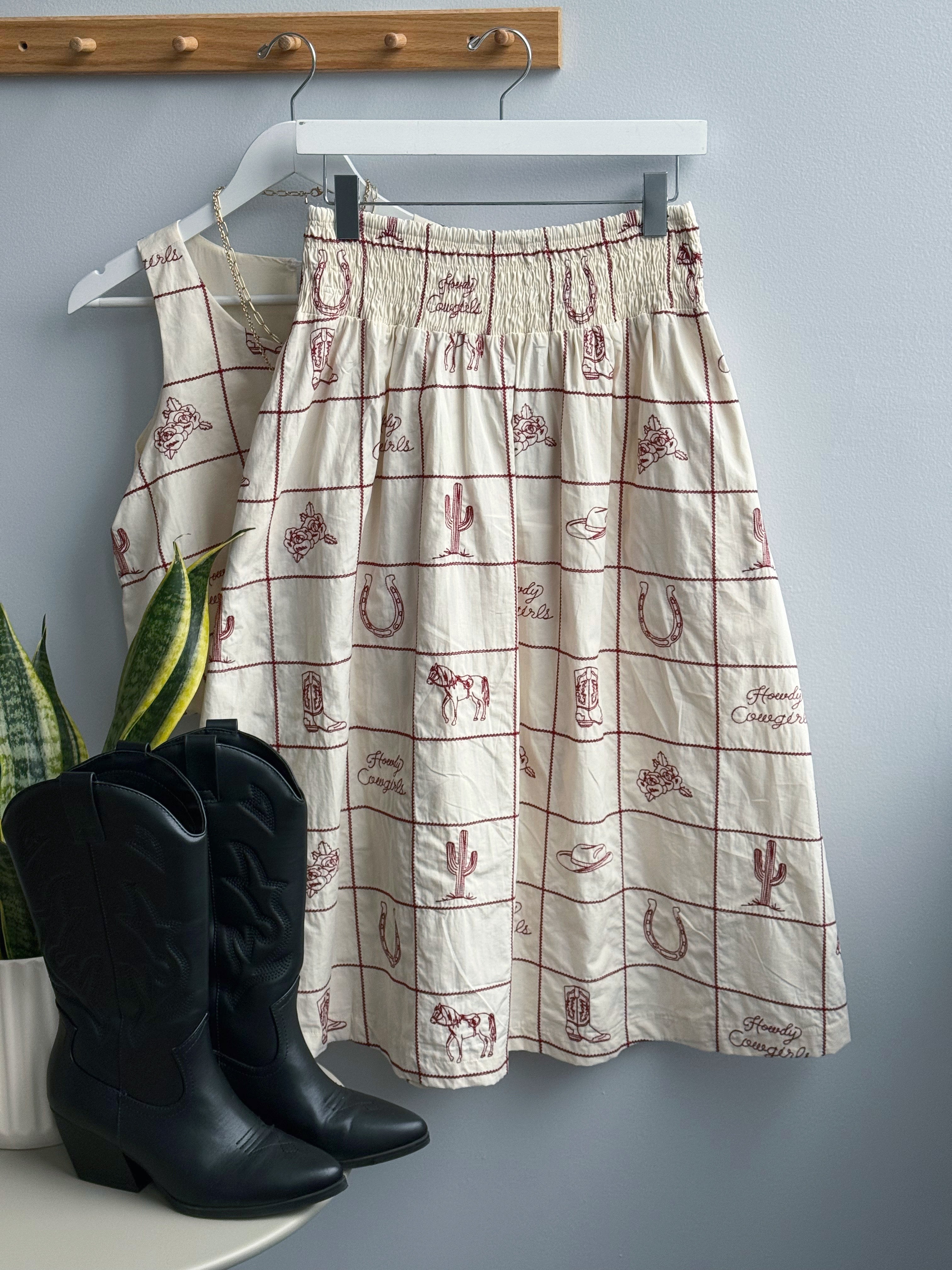 Howdy Cowgirls Skirt - CHERRY WOOD CREAM - willows clothing long skirt