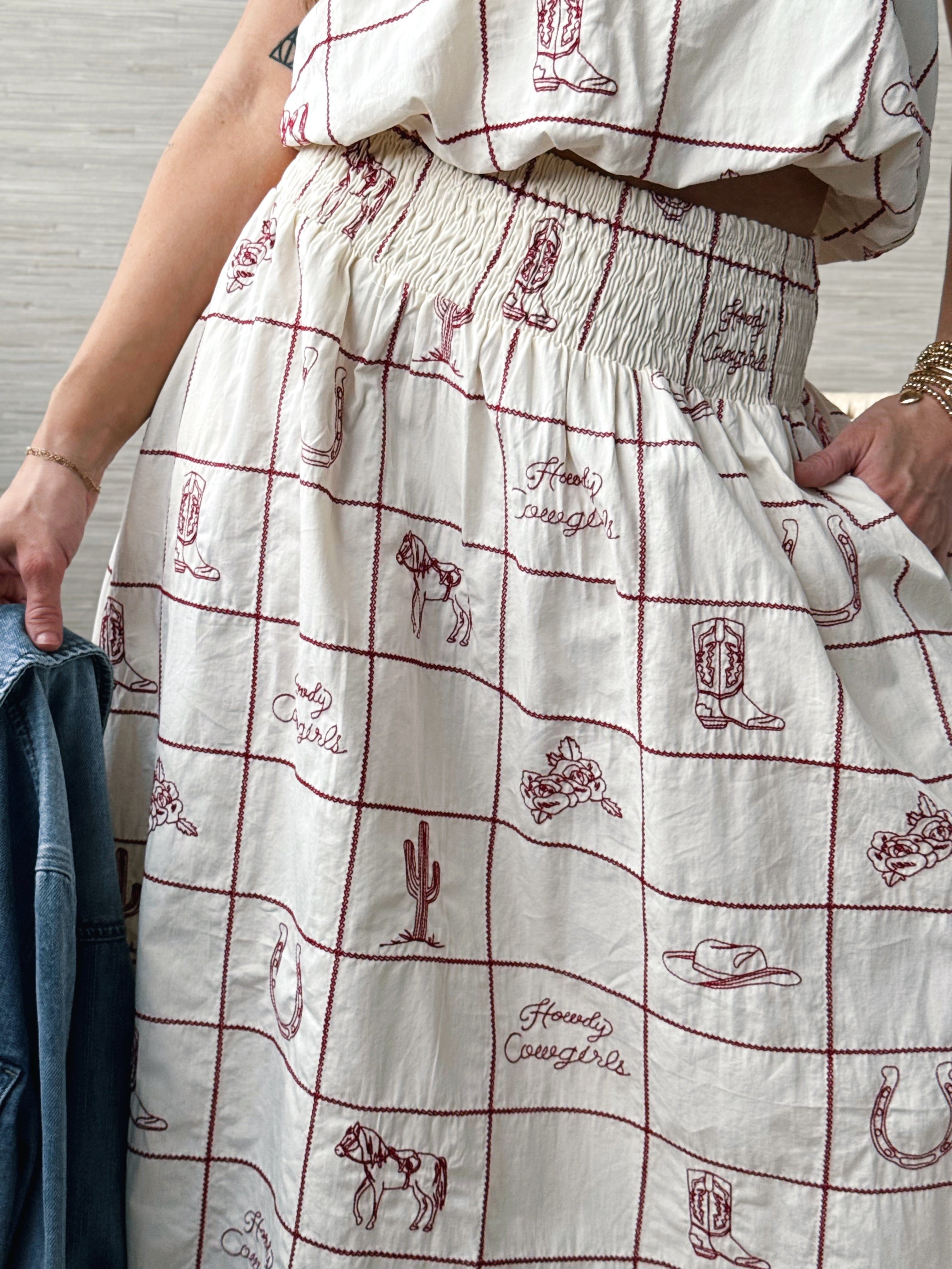 Howdy Cowgirls Skirt - CHERRY WOOD CREAM - willows clothing long skirt