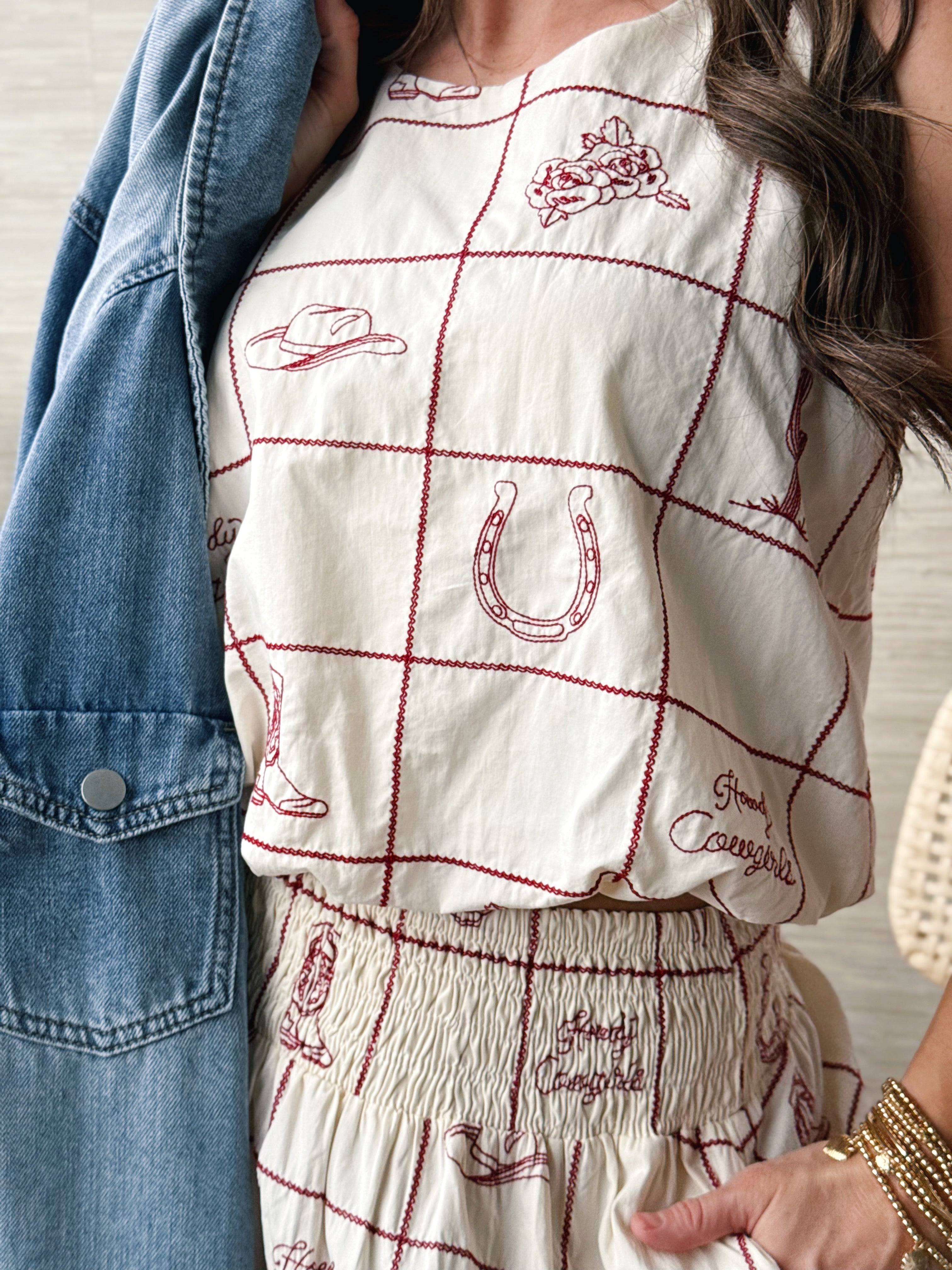 Howdy Cowgirls Tank - CHERRY WOOD CREAM - willows clothing TANK