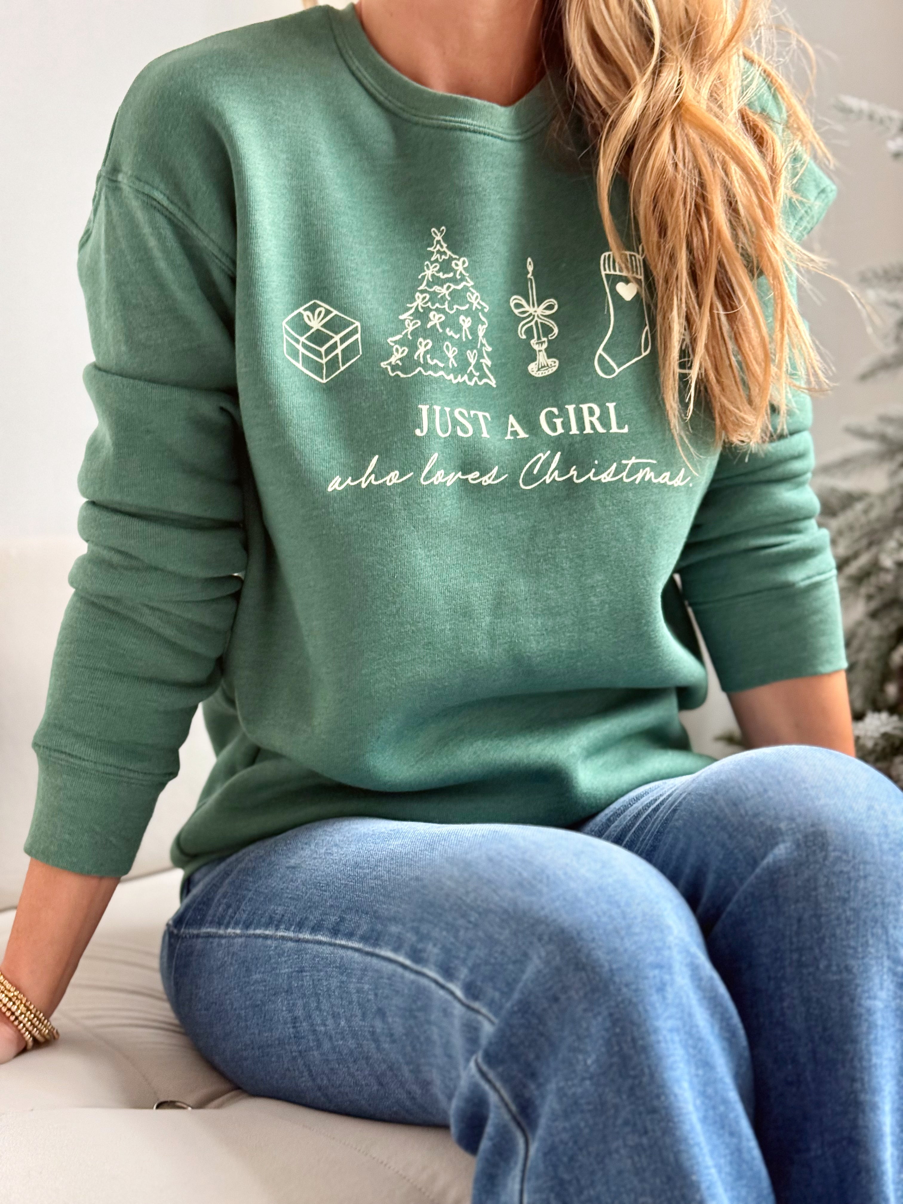 Just A Girl Who Loves Christmas Sweatshirt - HEATHER FOREST - willows clothing SWEATSHIRT