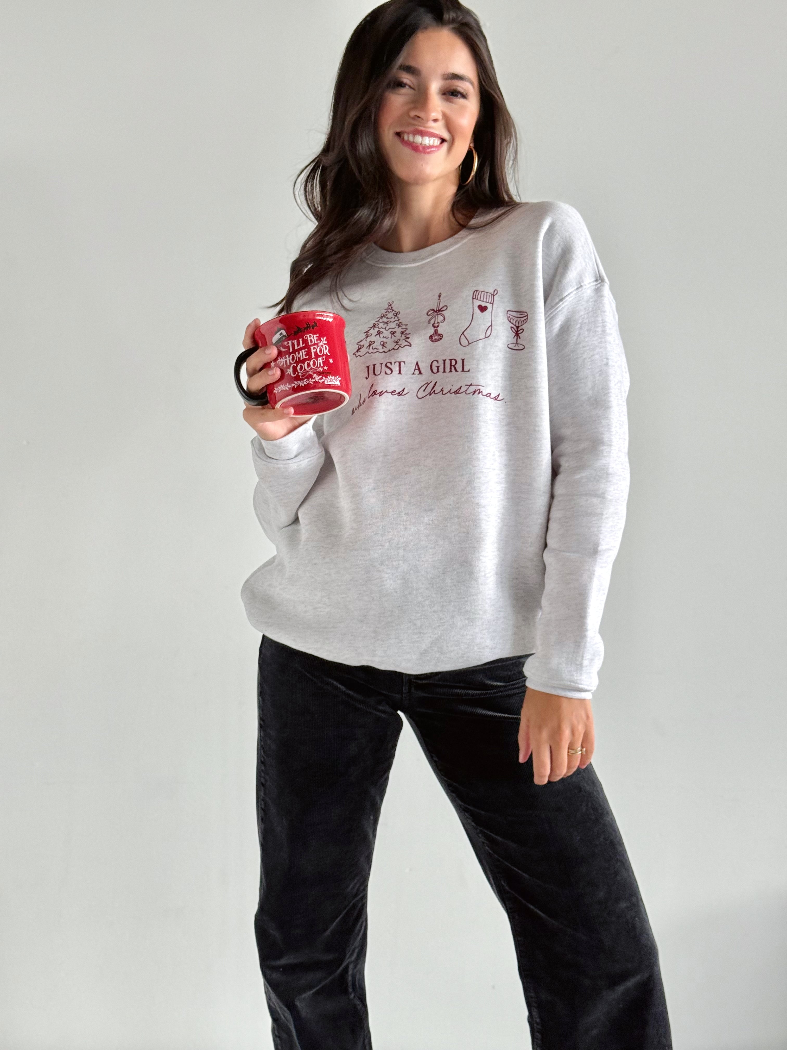 Just A Girl Who Loves Christmas Sweatshirt - WHITE HEATHER - willows clothing SWEATSHIRT