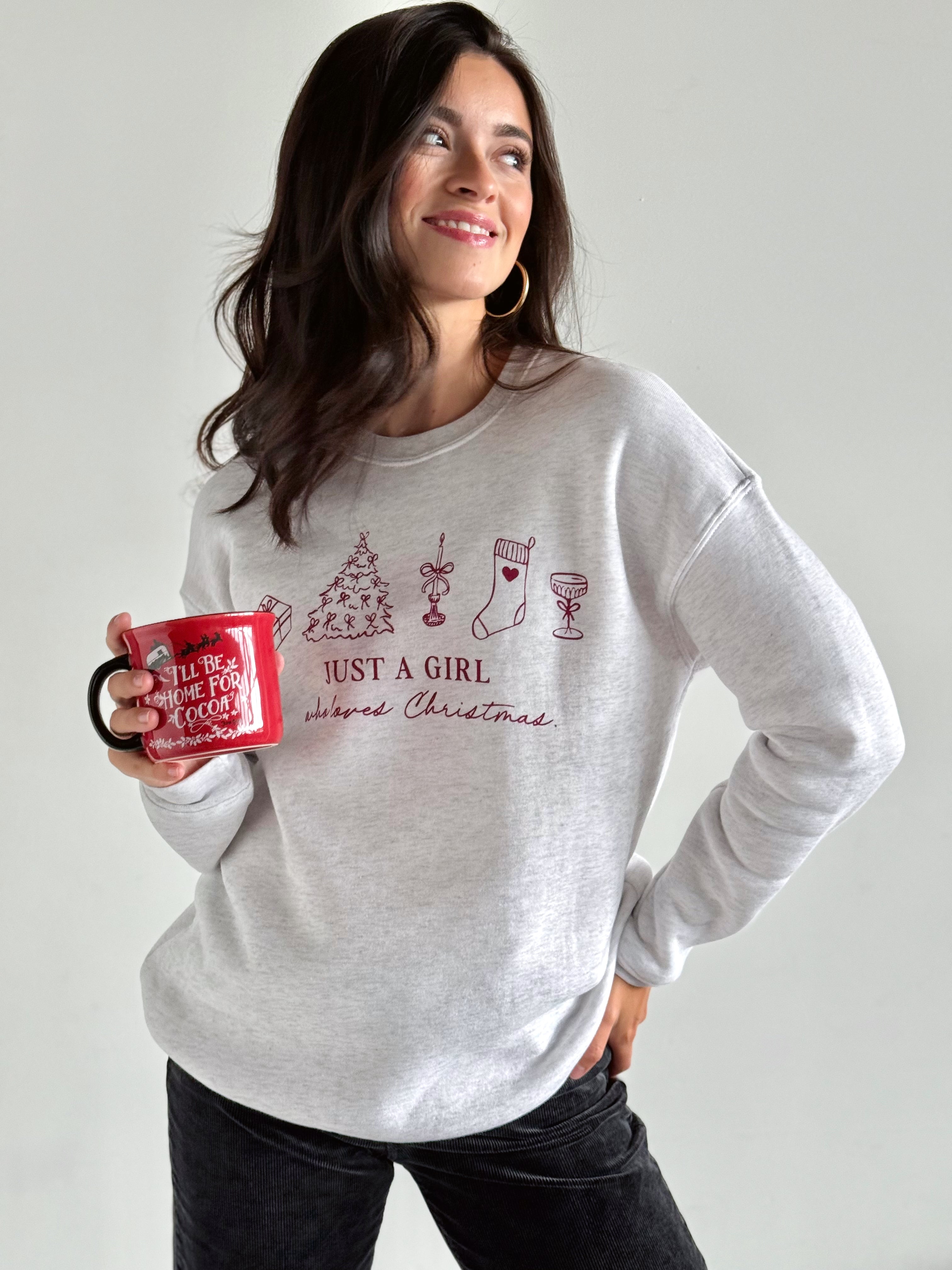 Just A Girl Who Loves Christmas Sweatshirt - WHITE HEATHER - willows clothing SWEATSHIRT