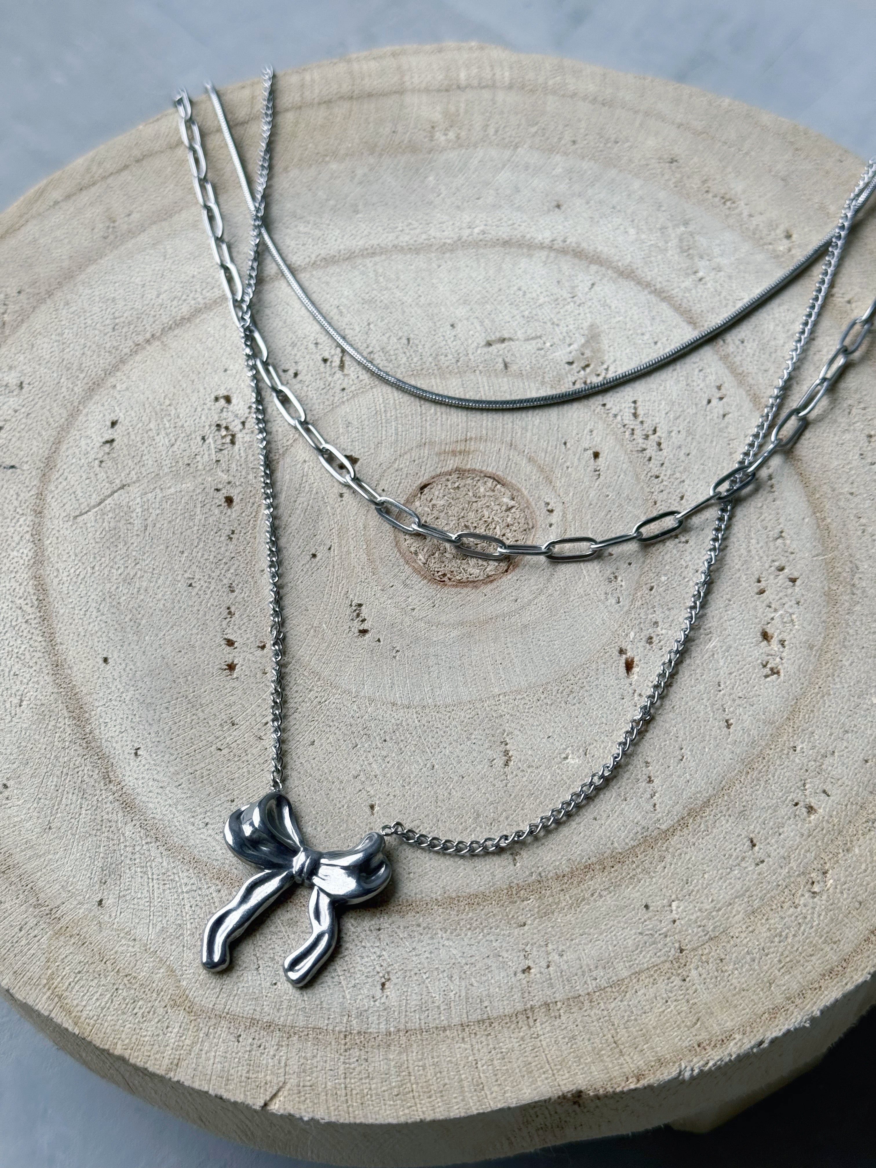 Layered Bow Necklace - SILVER - willows clothing NECKLACE