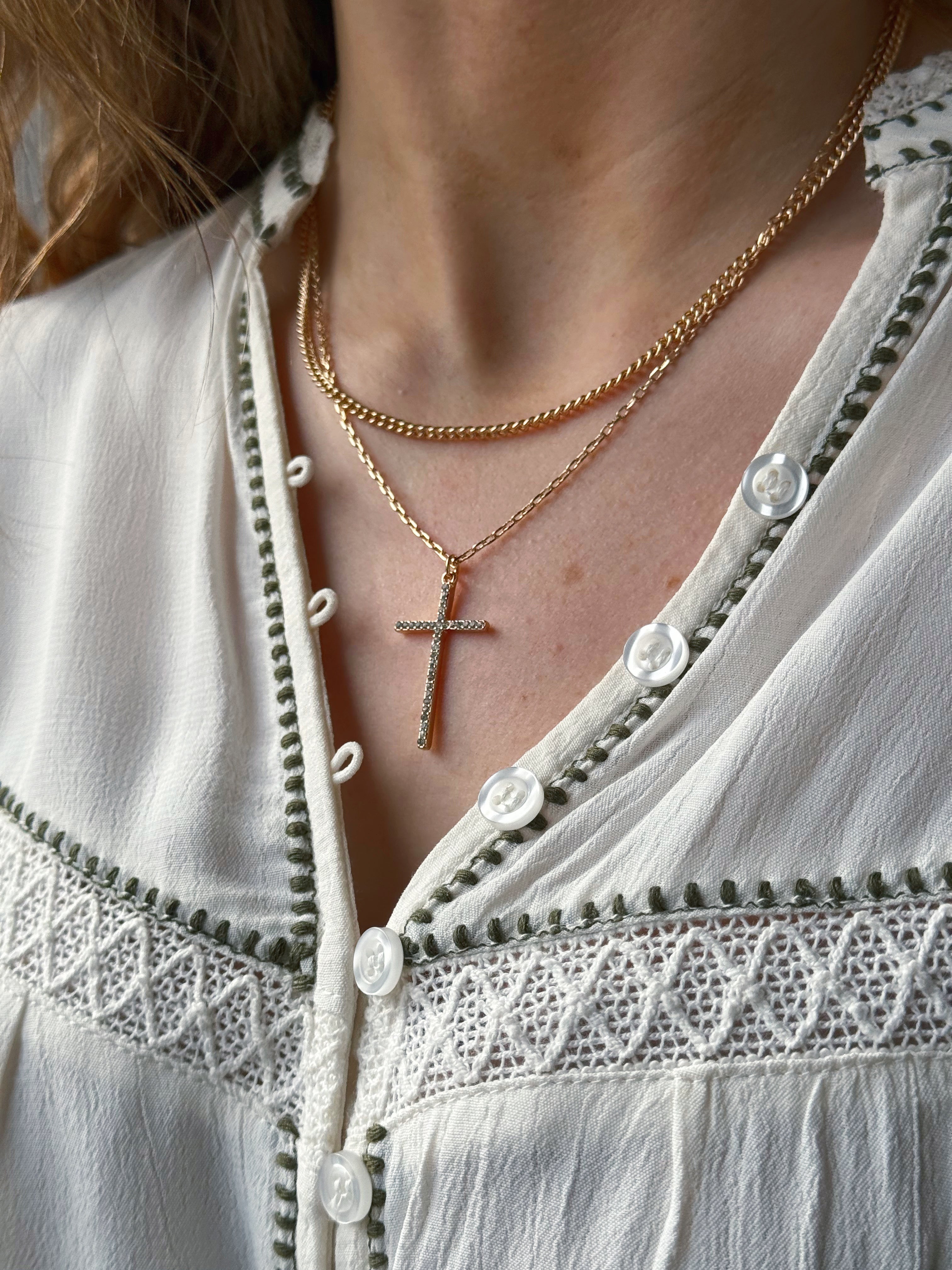 Layered Rhinestone Cross Necklace - GOLD - willows clothing NECKLACE