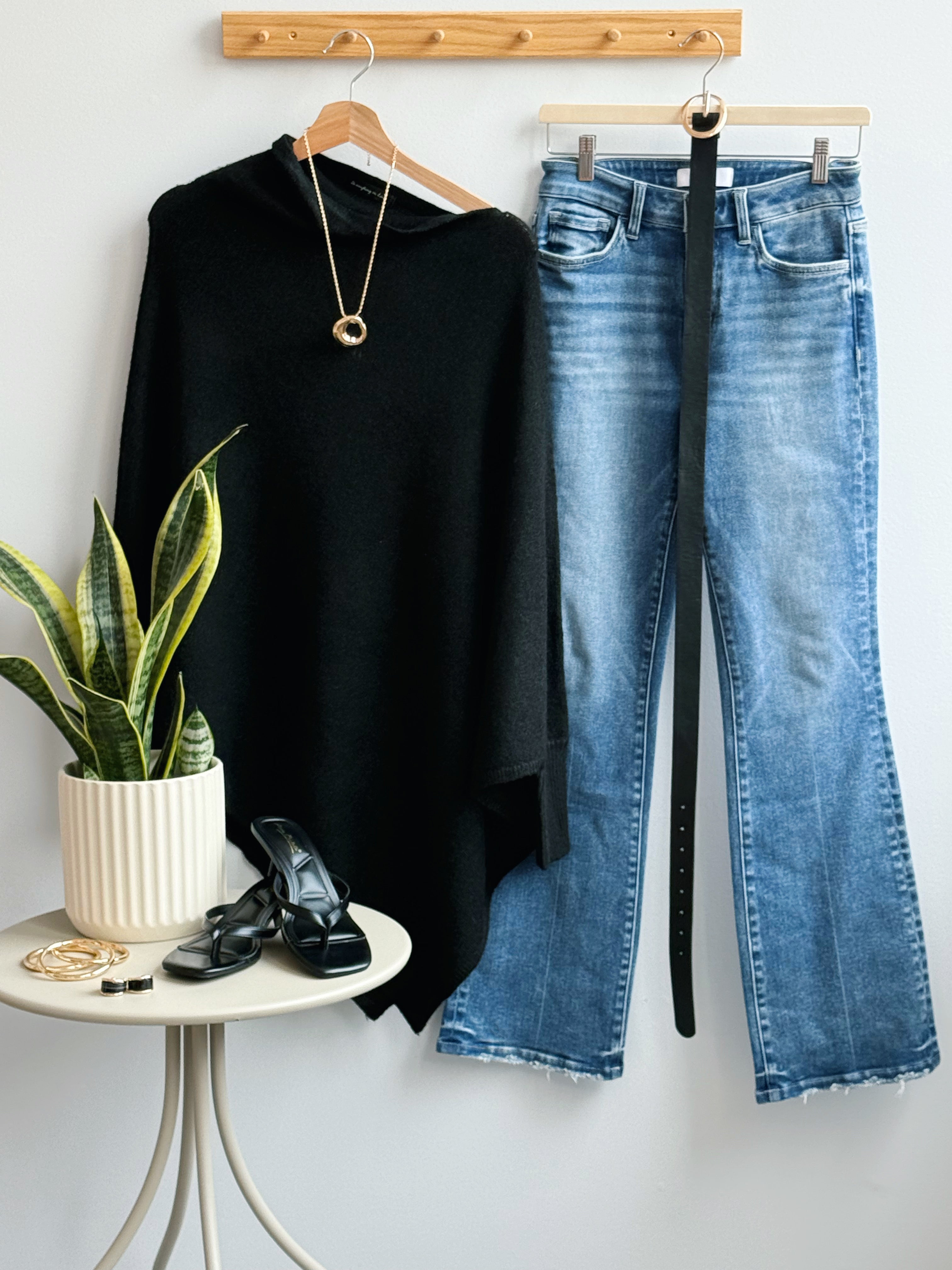 Leaf It to Us Poncho Sweater - BLACK - willows clothing PONCHO