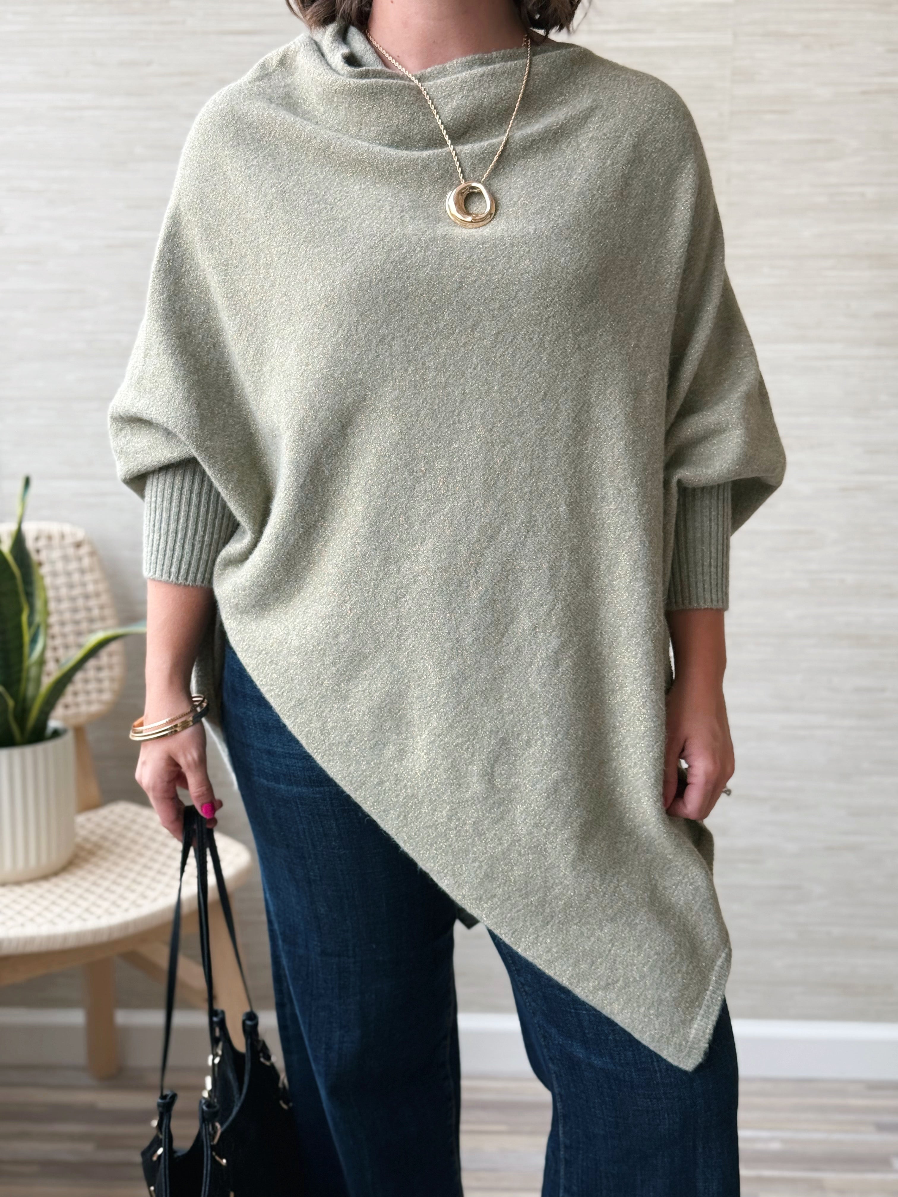 Leaf It to Us Poncho Sweater - SAGE - willows clothing PONCHO