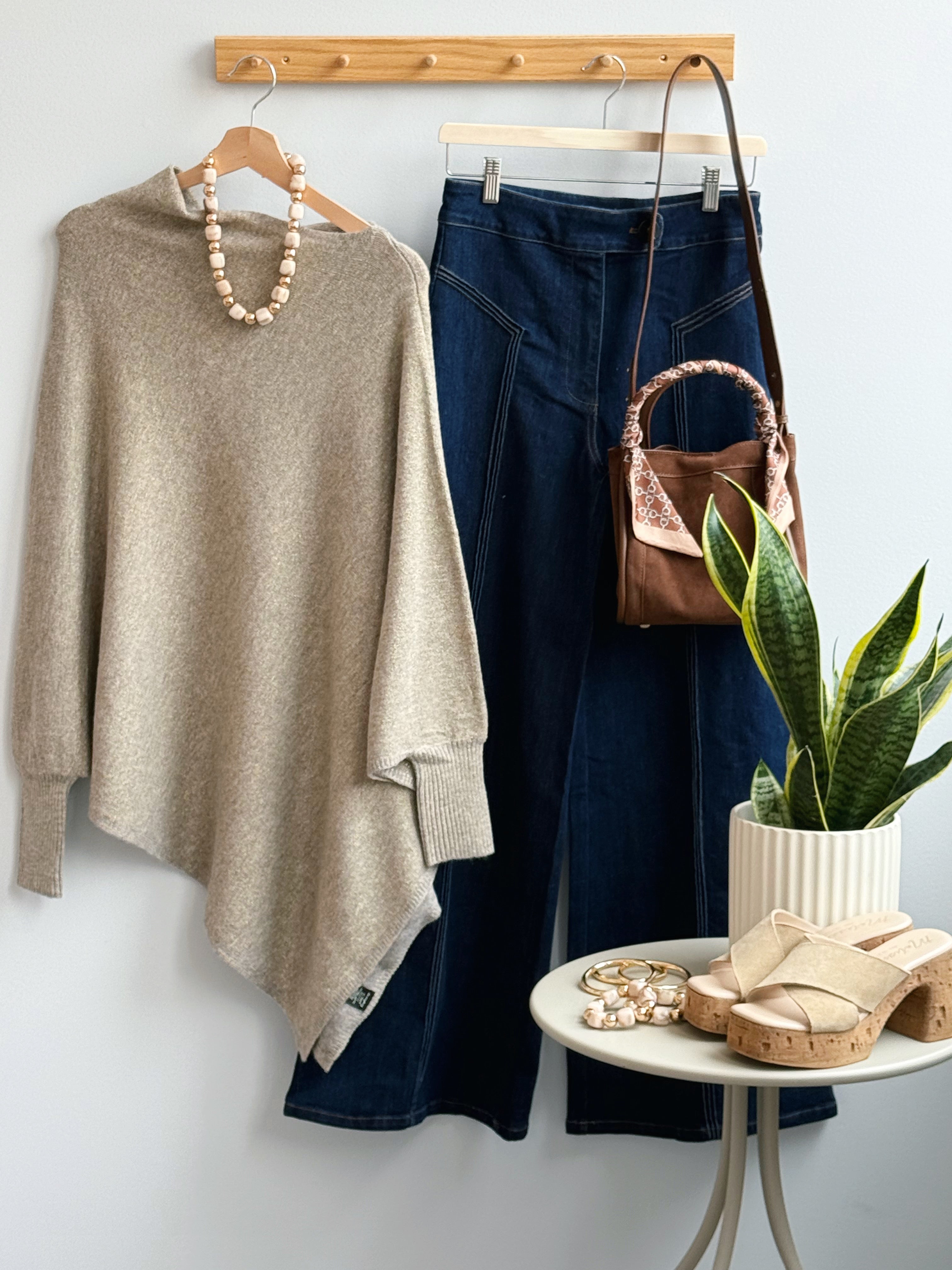 Leaf It to Us Poncho Sweater - TAUPE - willows clothing PONCHO