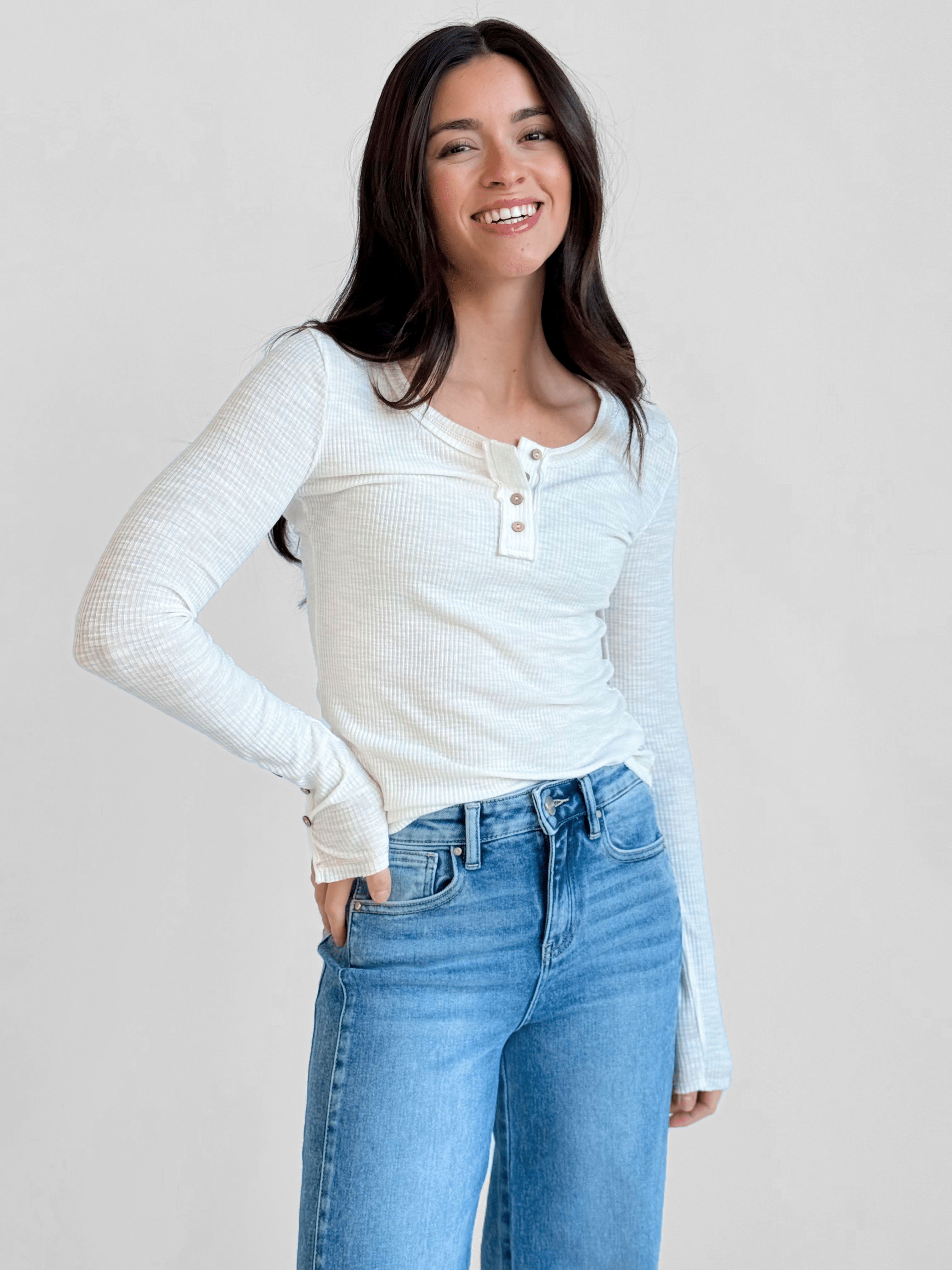 Leah Henley Long Sleeve - IVORY - willows clothing L/S SHIRT