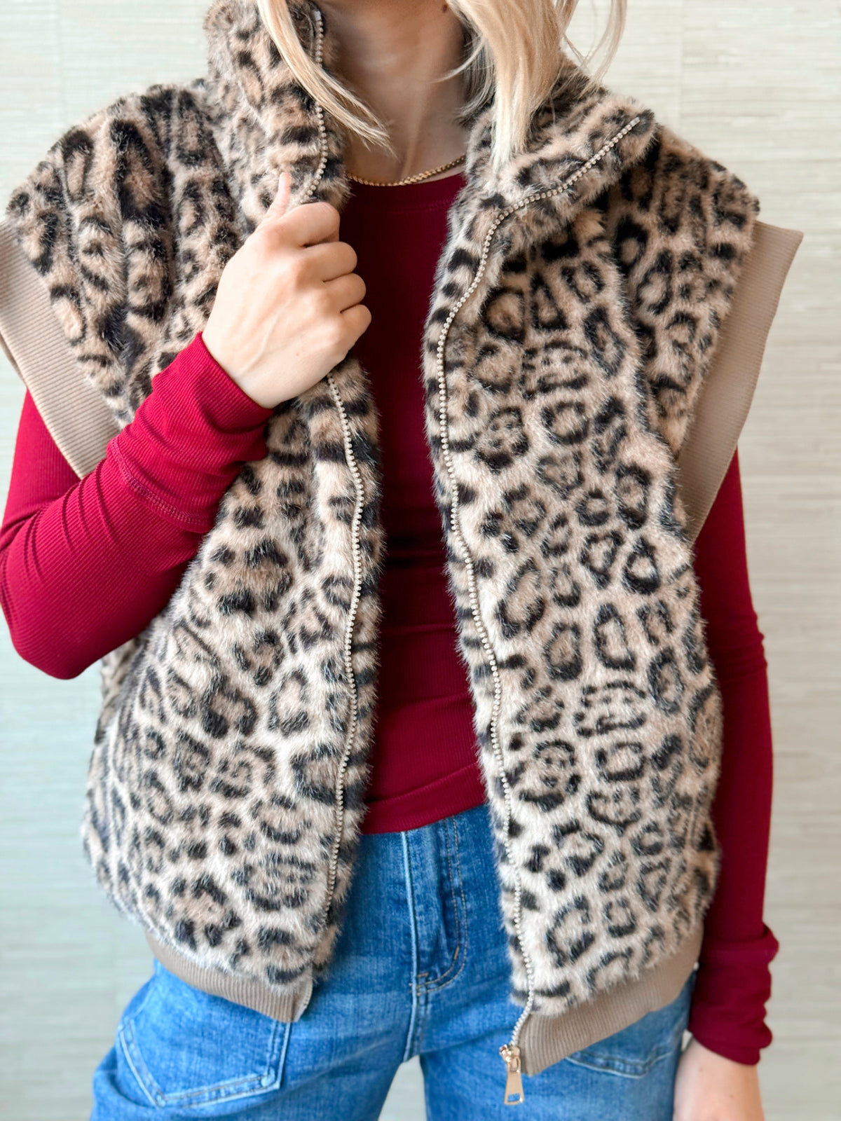 Leopard Faux Fur Vest - TAUPE - willows clothing VEST