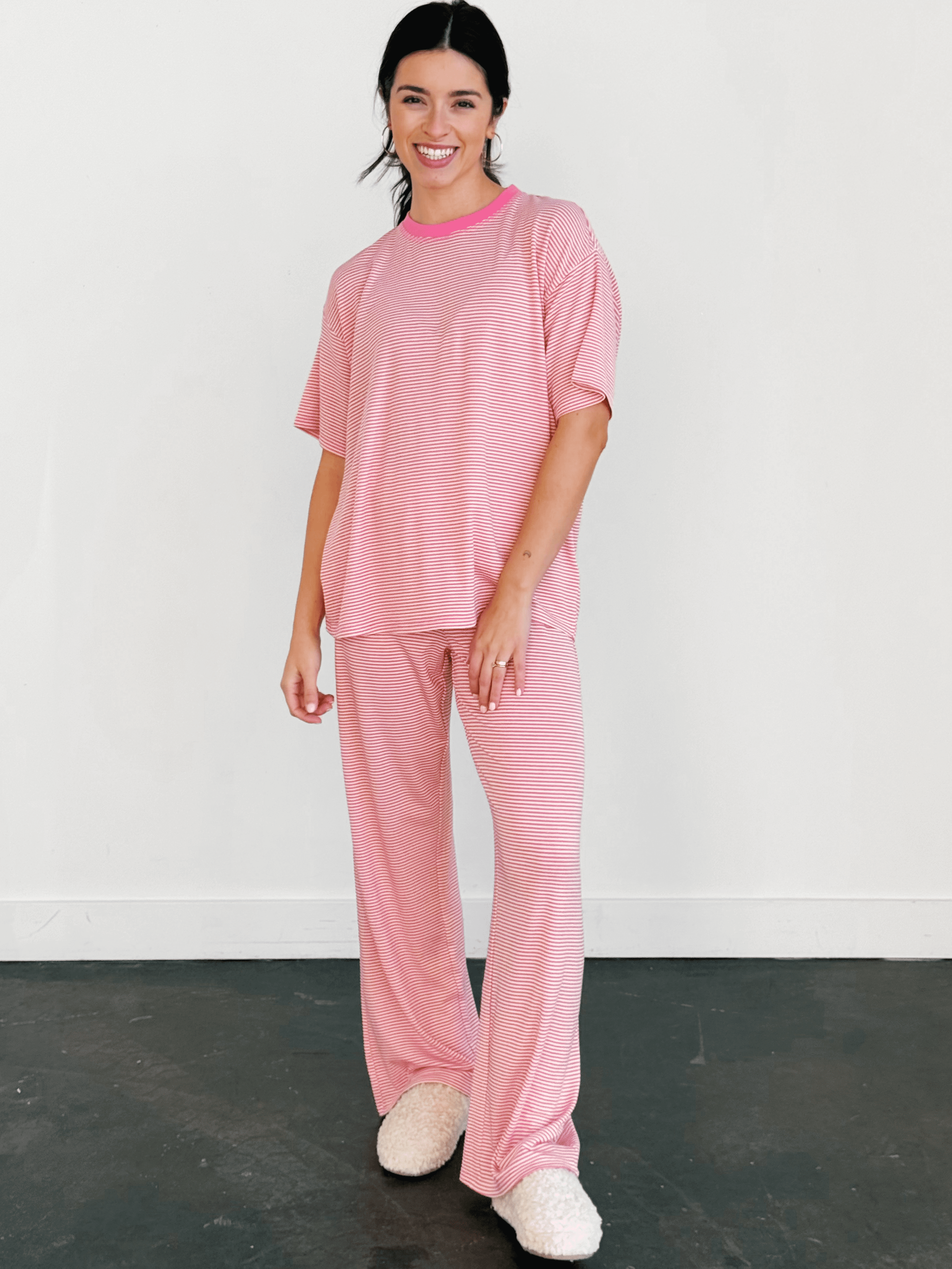 Lightweight Cozy Stripe Tee - BUBBLEGUM - willows clothing L/S SHIRT