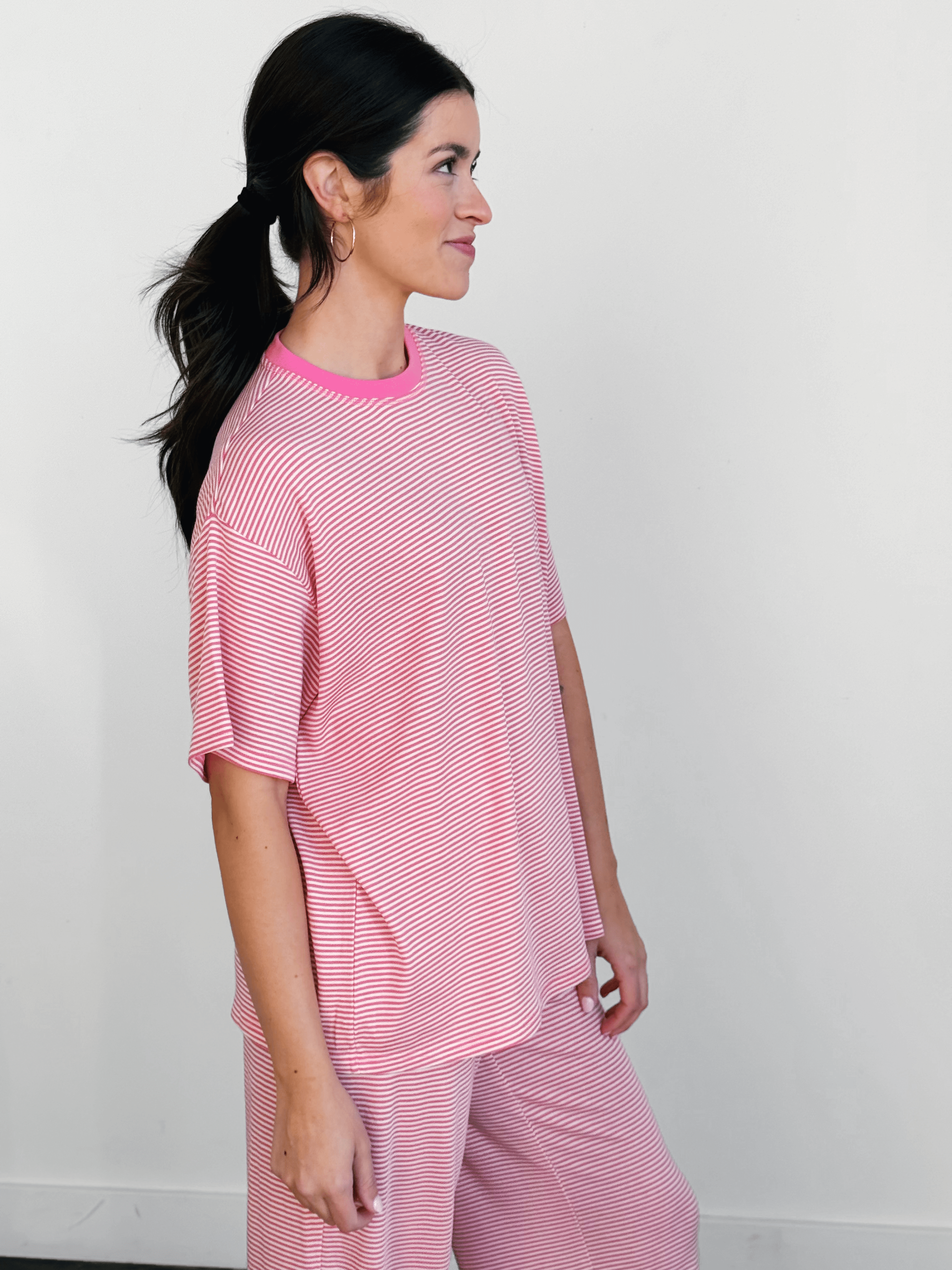 Lightweight Cozy Stripe Tee - BUBBLEGUM - willows clothing L/S SHIRT