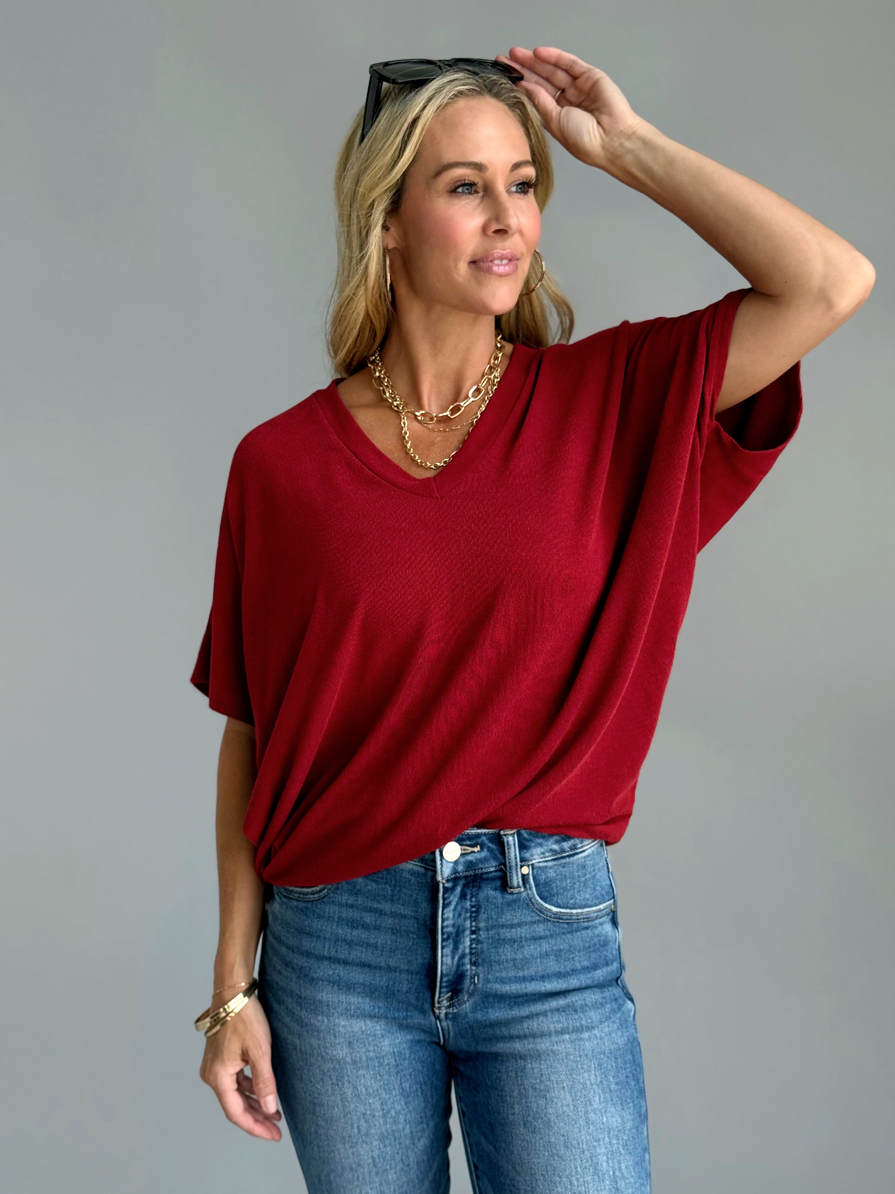 Lori V - Neck Tee - WINERY - willows clothing S/S SHIRT