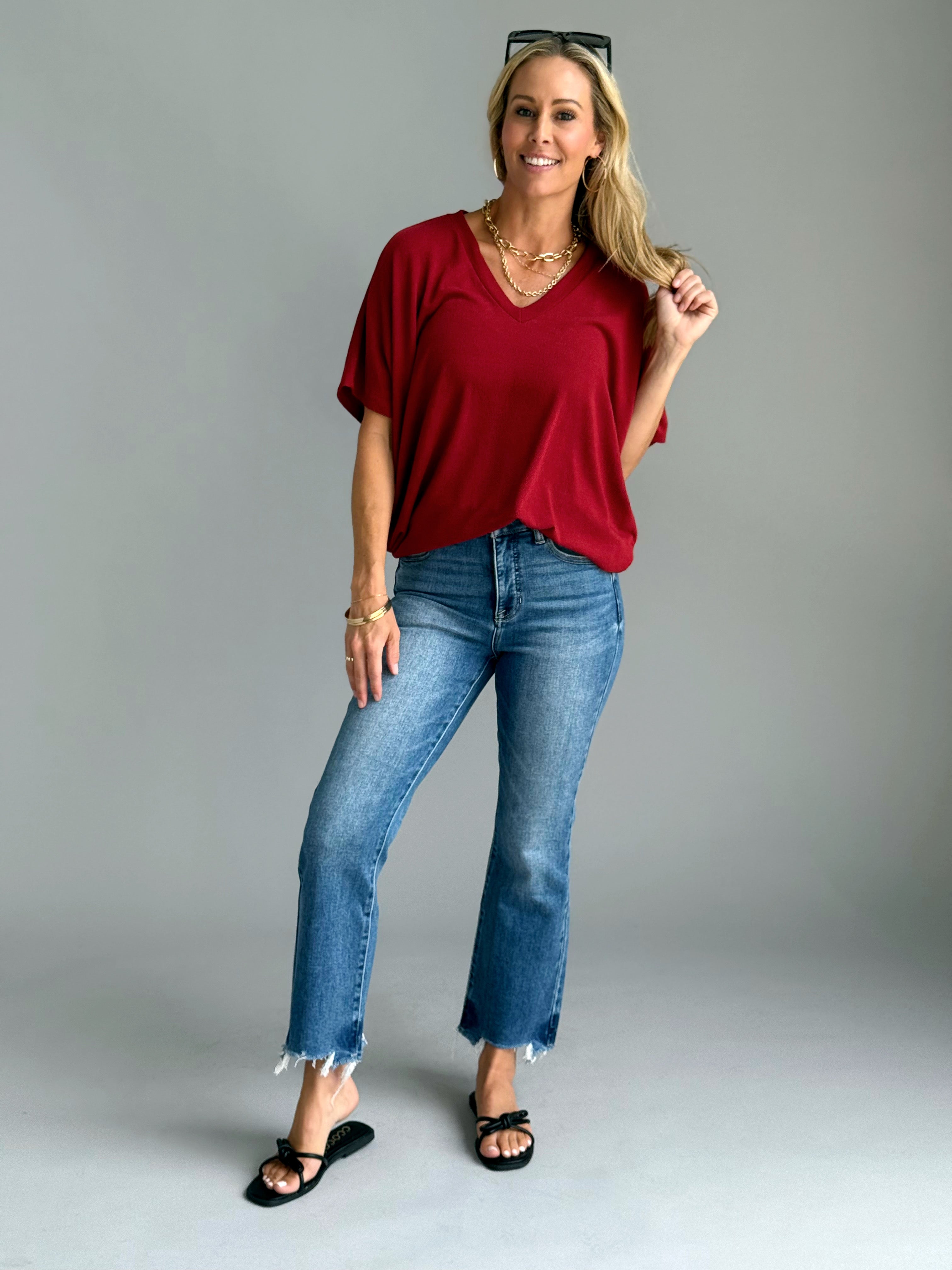 Lori V - Neck Tee - WINERY - willows clothing S/S SHIRT