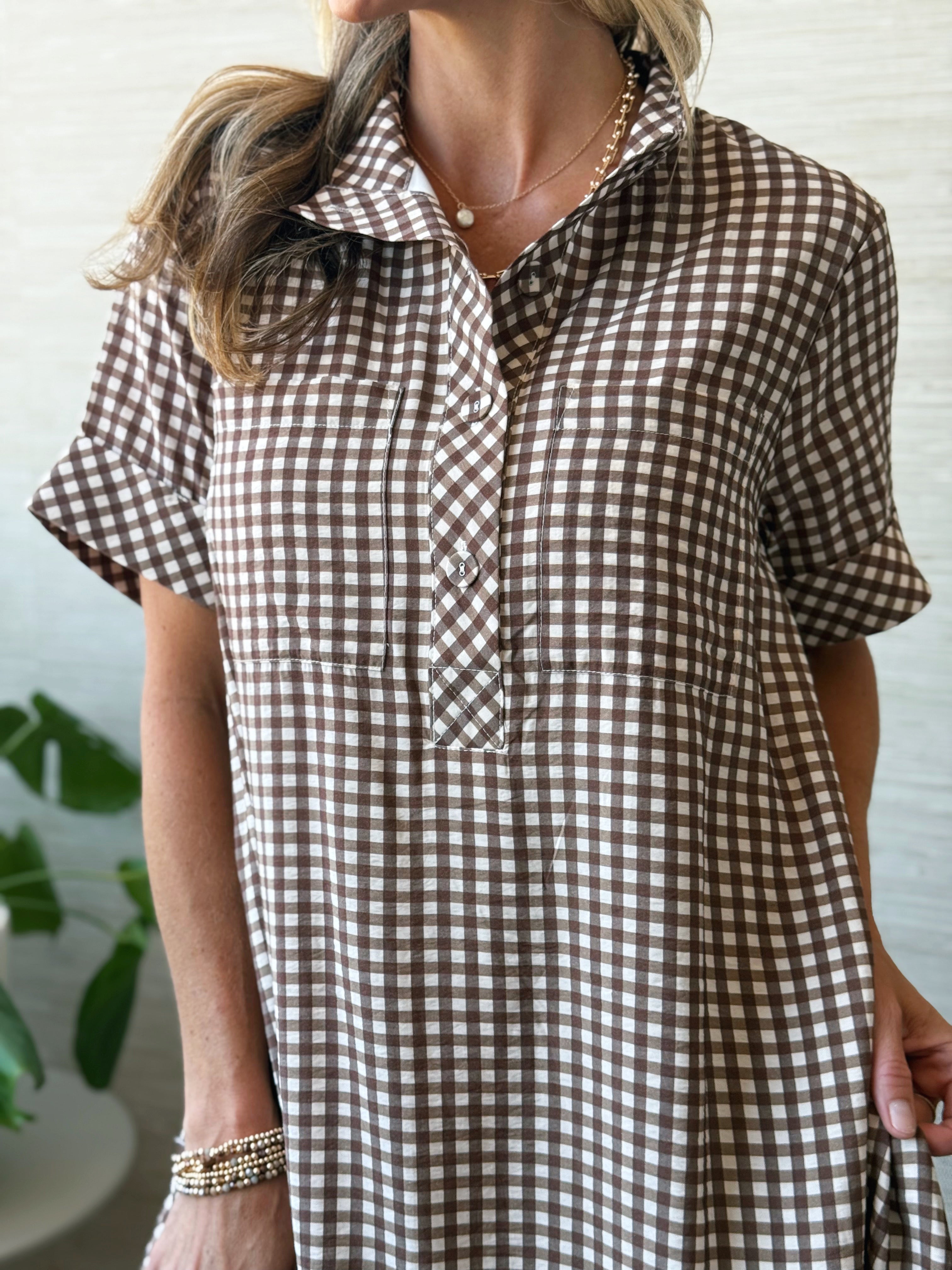 Marceline Gingham Shirt Dress - BROWN - willows clothing SHORT DRESS