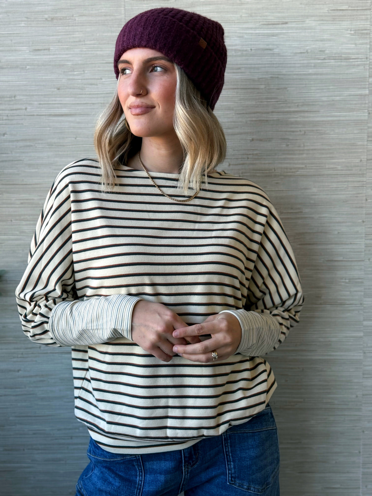 Perfect Stripe Dolman Top - CREAM MULTI - willows clothing L/S SHIRT